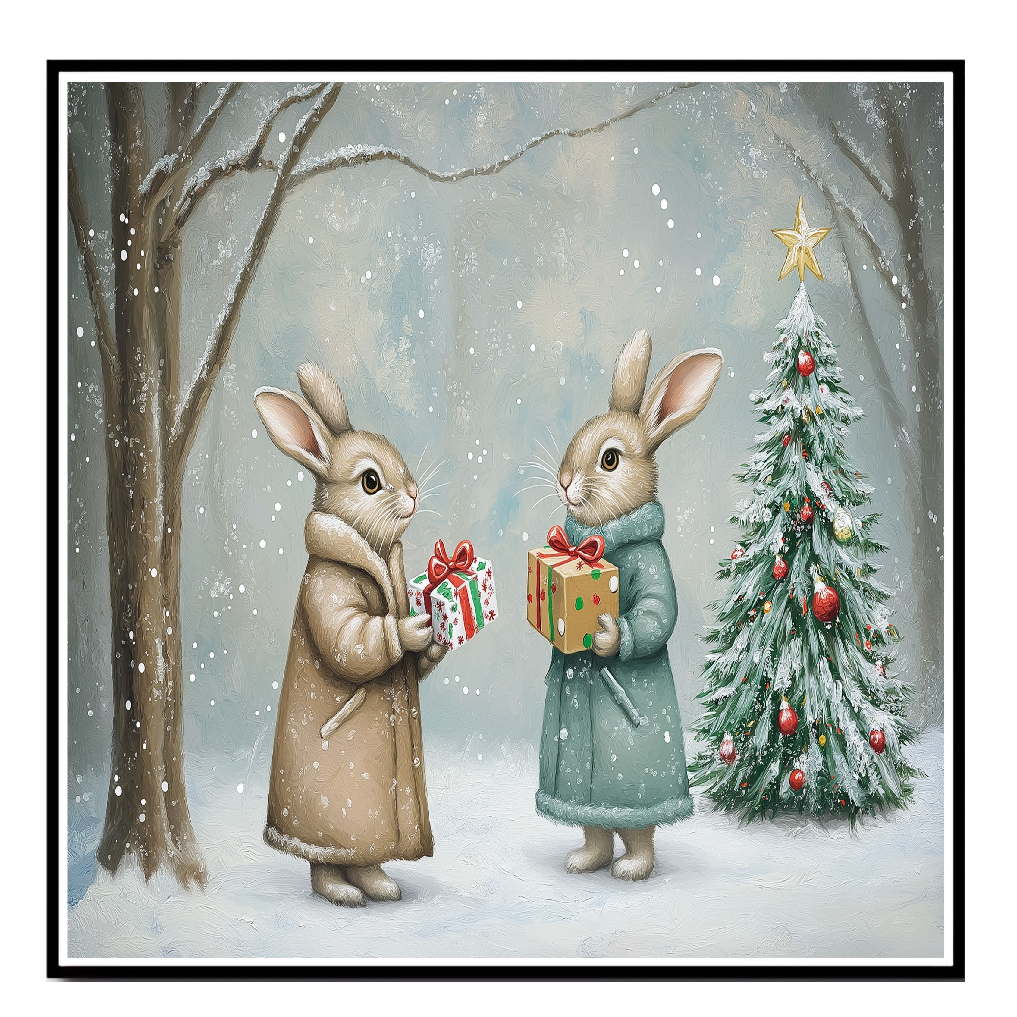 "Winter Wonderland: Gift-Giving Bunnies" Ð Cozy Rabbits in a Snowy Forest Scene on Ready to Hang 1.5" Thick Canvas Wrap, Floating Framed Canvas, Flat Rolled Canvas