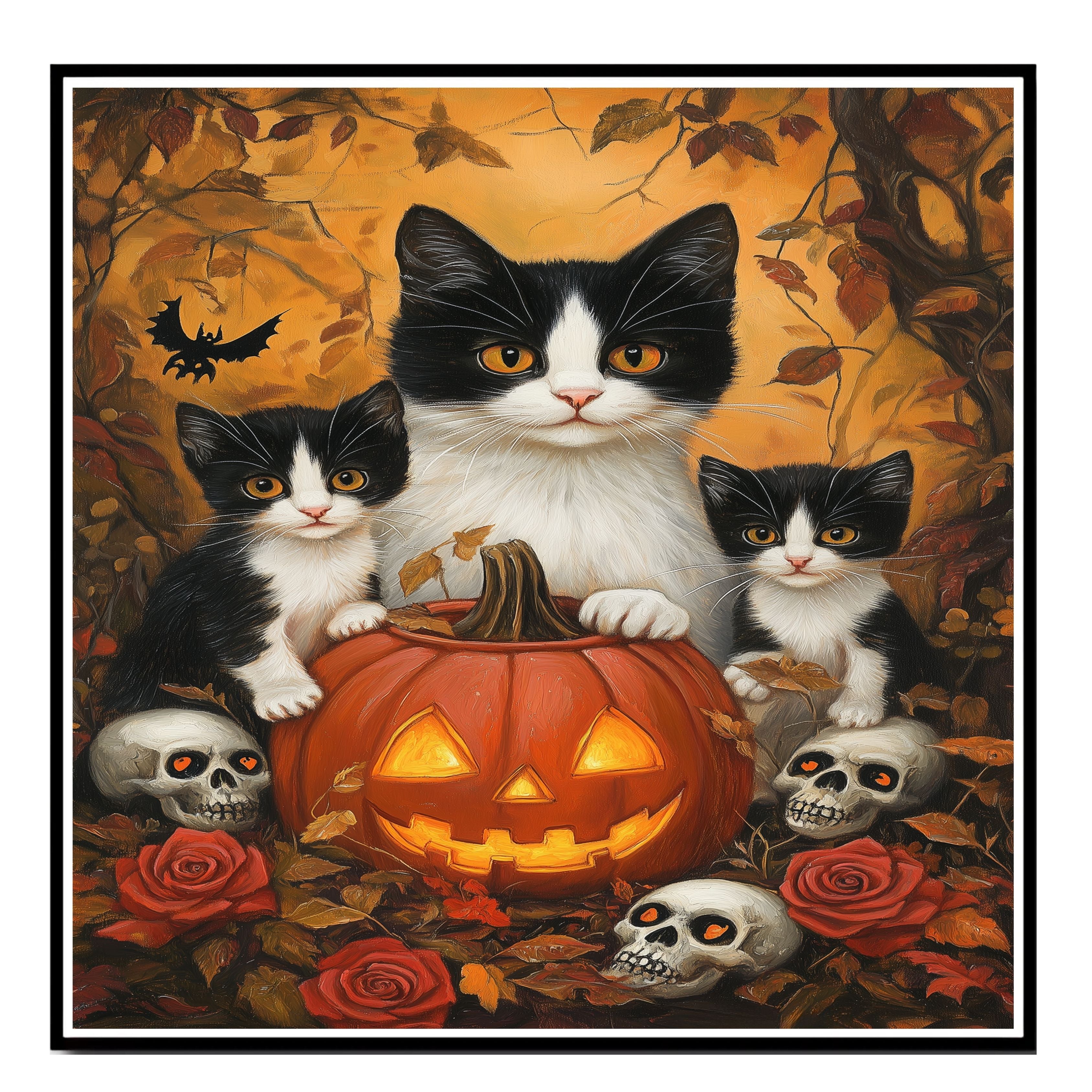Haunted Forest Whispers: Tuxedo Cat Mom and Two Kittens with Pumpkin and Skeleton on Ready to Hang 1.5" Thick Canvas Wrap, Floating Framed Canvas, Flat Rolled Canvas