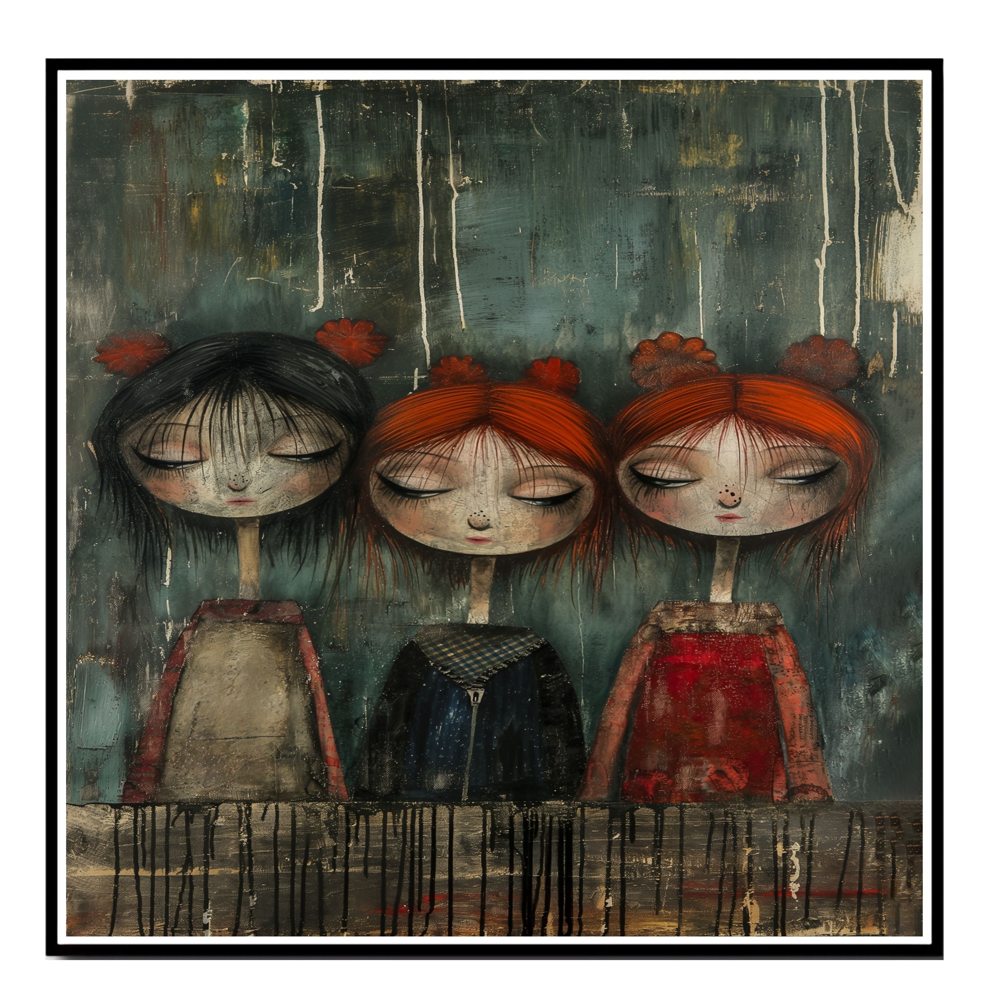Emotional Trio of Girls Moody Hand Painted Art Deep and Expressive Portrait Perfect for Home Wall Decor Living Room Bedroom Office or Unique Gift on Ready to Hang 1.5" Thick Canvas Wrap, Floating Framed Canvas, Flat Rolled Canvas