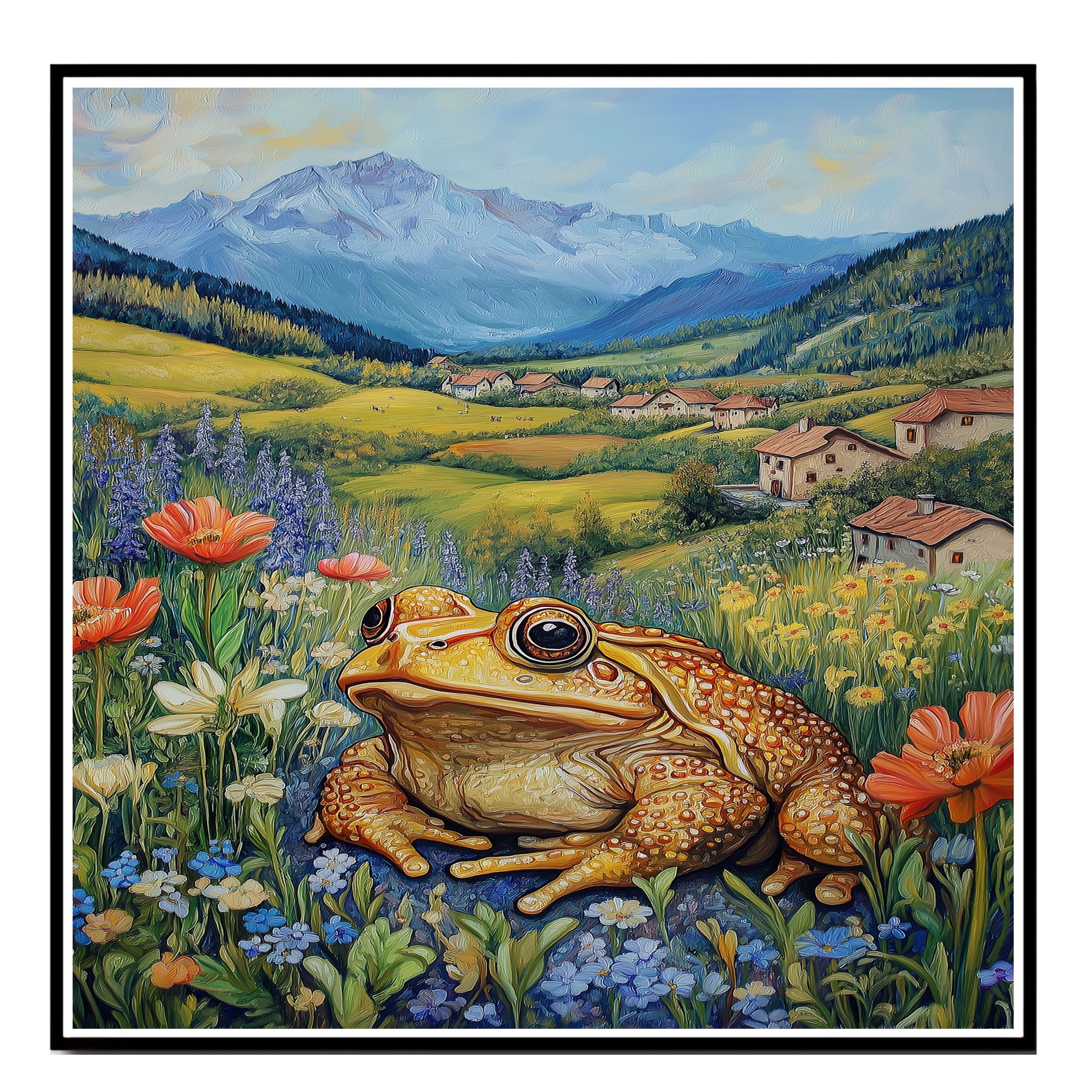 Cheerful Toad in Wildflower Meadow Bright Hand Painted Art Vibrant Countryside Scene Perfect for Home Wall Decor Living Room Bedroom Office or Nature Lovers on Ready to Hang 1.5" Thick Canvas Wrap, Floating Framed Canvas, Flat Rolled Canvas