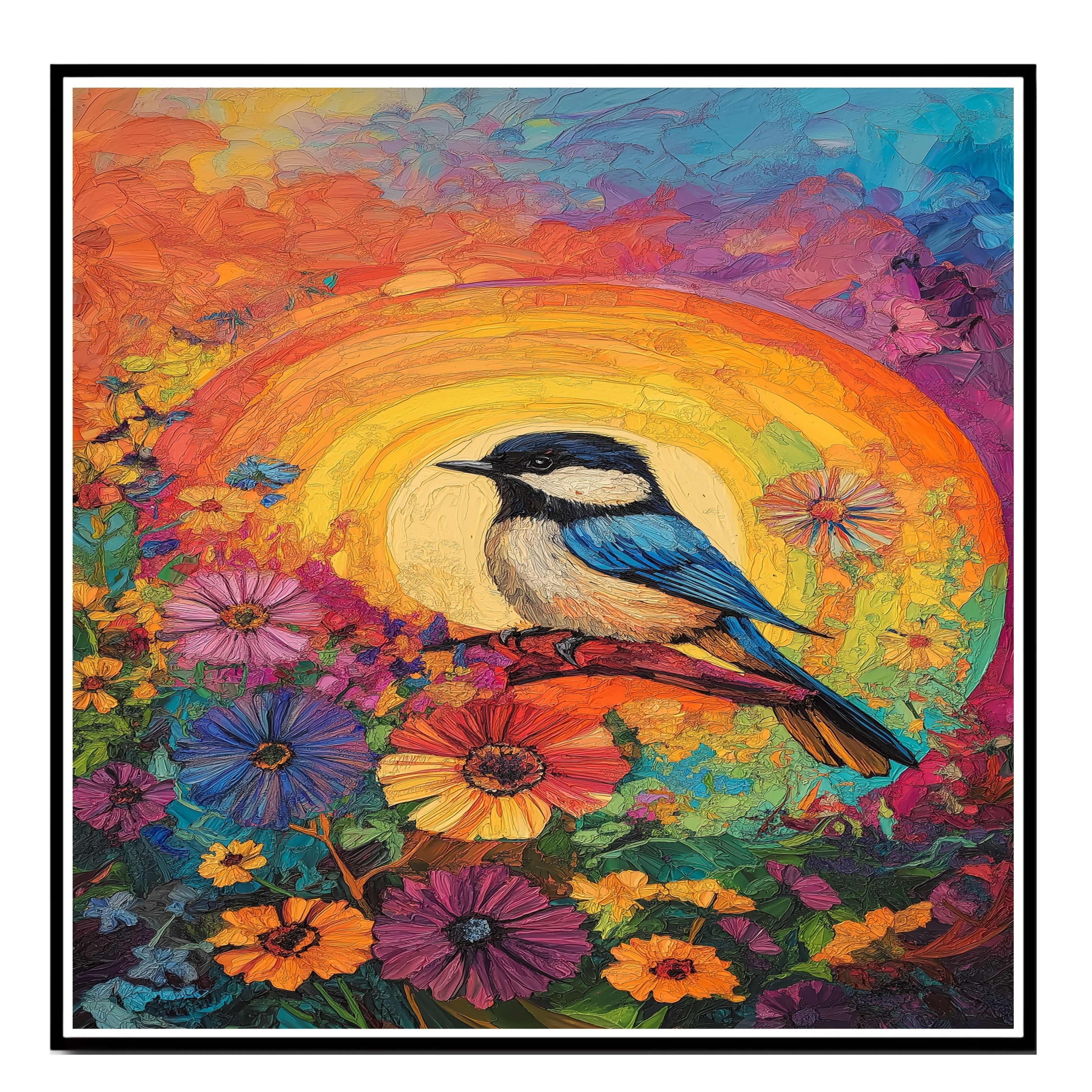 Chickadee Among Bright Wildflowers with Radiant Rainbow Sunburst Background on Ready to Hang 1.5" Thick Canvas Wrap, Floating Framed Canvas, Flat Rolled Canvas
