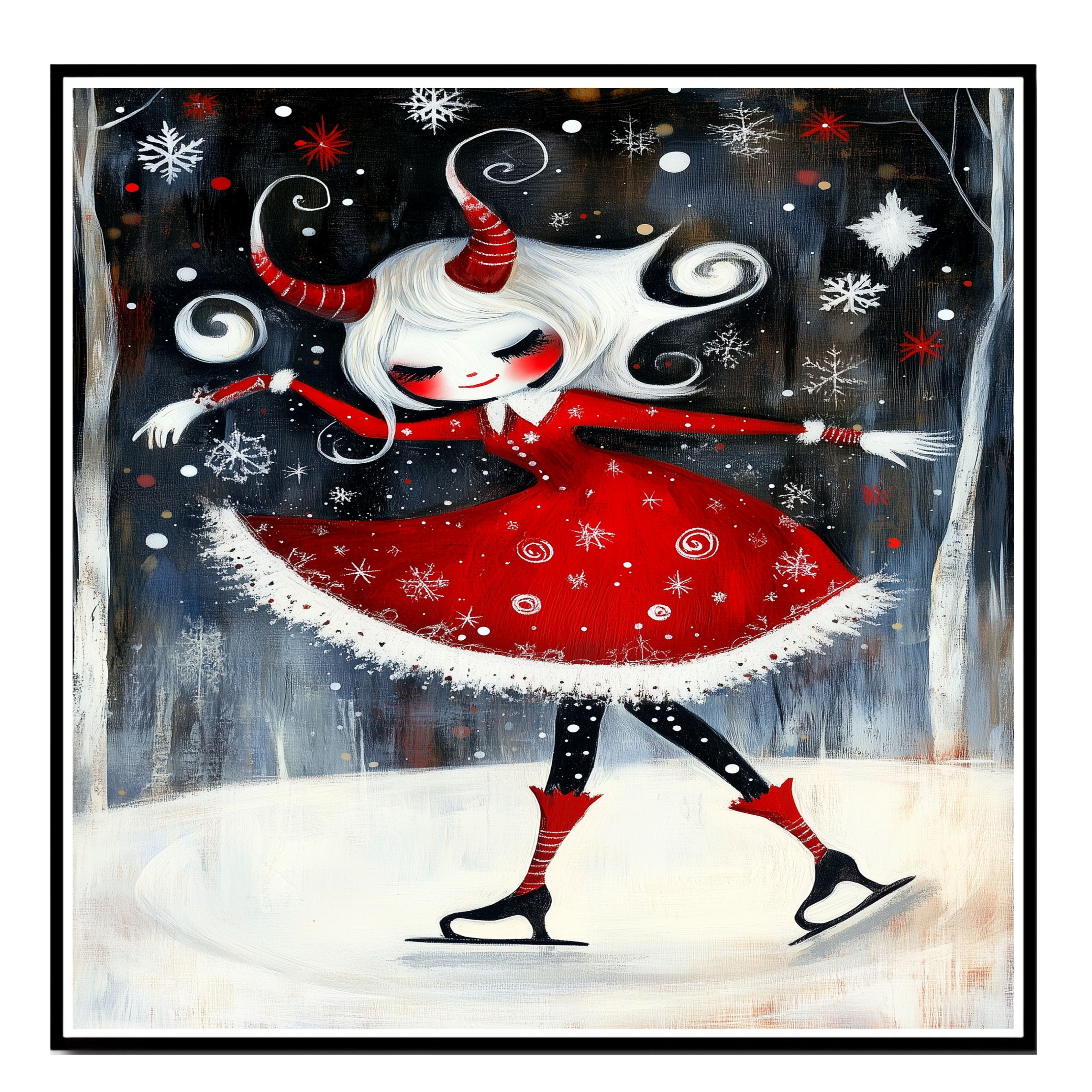 Whimsical Christmas Devil Girl Ice Skating in Red Winter Dress with White Hair and Twisted Horns Cute Fantasy Holiday Art Print or Canvas for Gothic Decor on Ready to Hang 1.5" Thick Canvas Wrap, Floating Framed Canvas, Flat Rolled Canvas