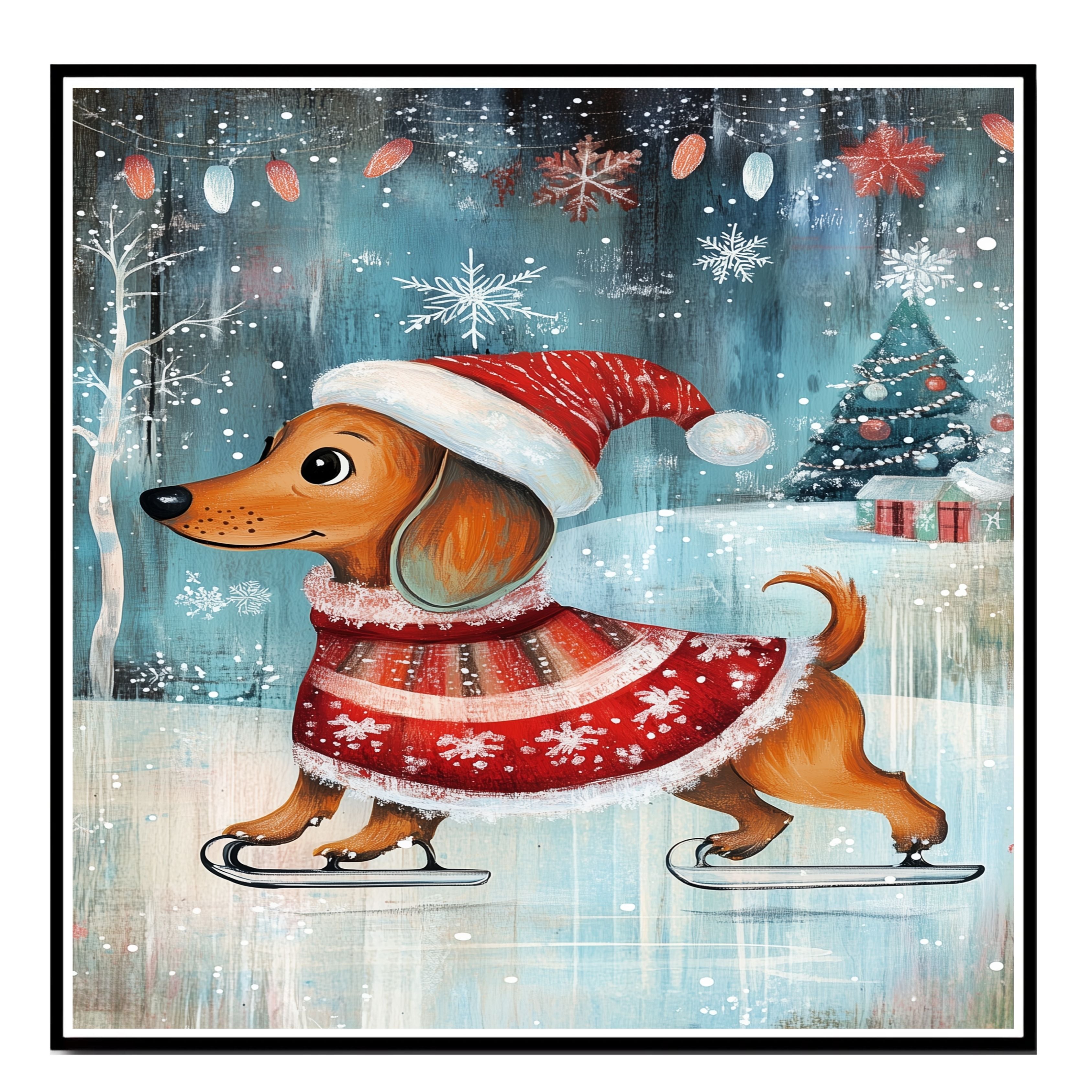 Adorable Christmas Dachshund Dog Ice Skating in Santa Hat and Festive Sweater Whimsical Holiday Art for Winter Pet Lovers and Seasonal Home Décor on Ready to Hang 1.5" Thick Canvas Wrap, Floating Framed Canvas, Flat Rolled Canvas