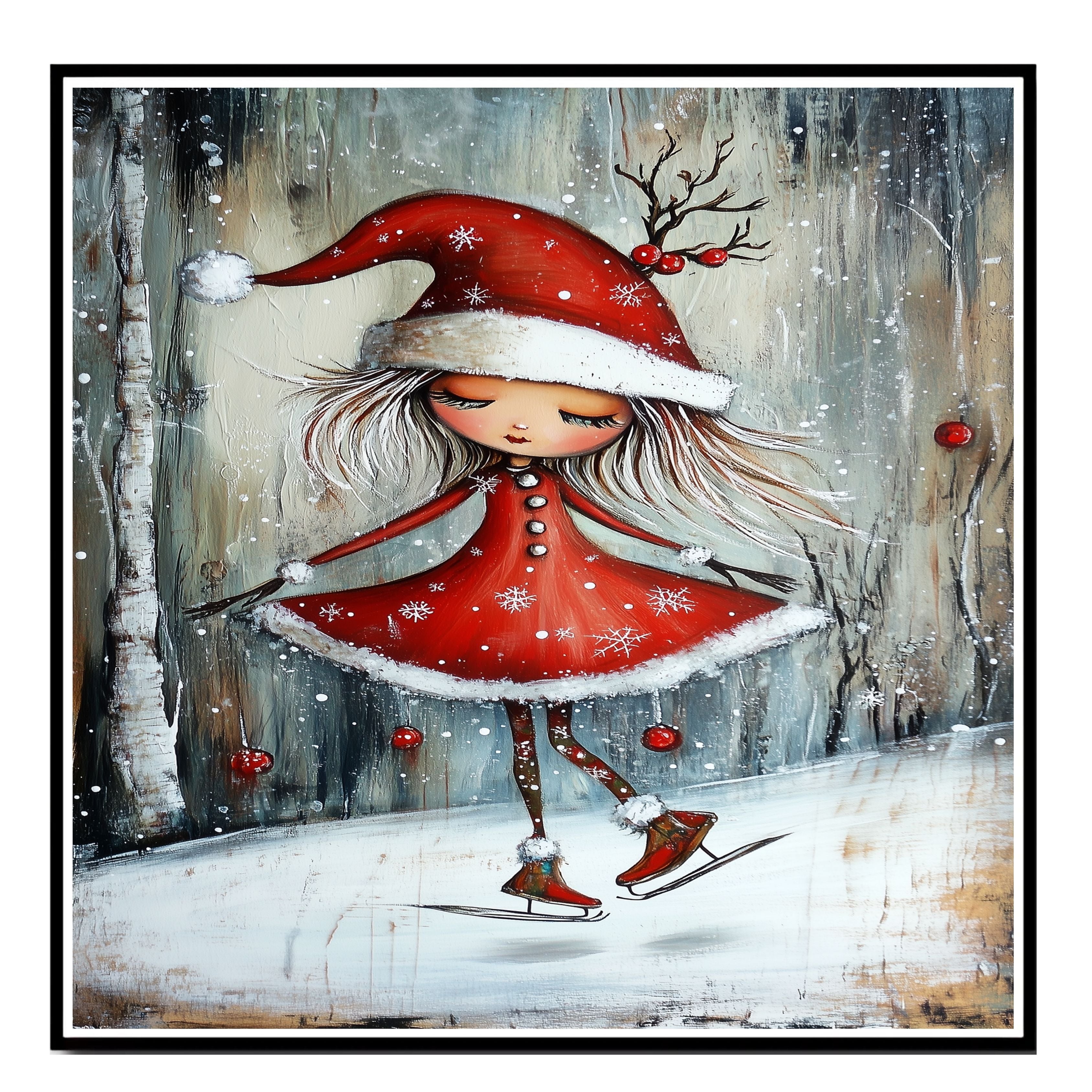 Christmas Witch Ice Skating Print – Whimsical Red Dress & Antler Hat Holiday Art, Winter Fairy Girl Wall Decor, Enchanted Snow Scene for Kids Room or Nursery on Ready to Hang 1.5" Thick Canvas Wrap, Floating Framed Canvas, Flat Rolled Canvas