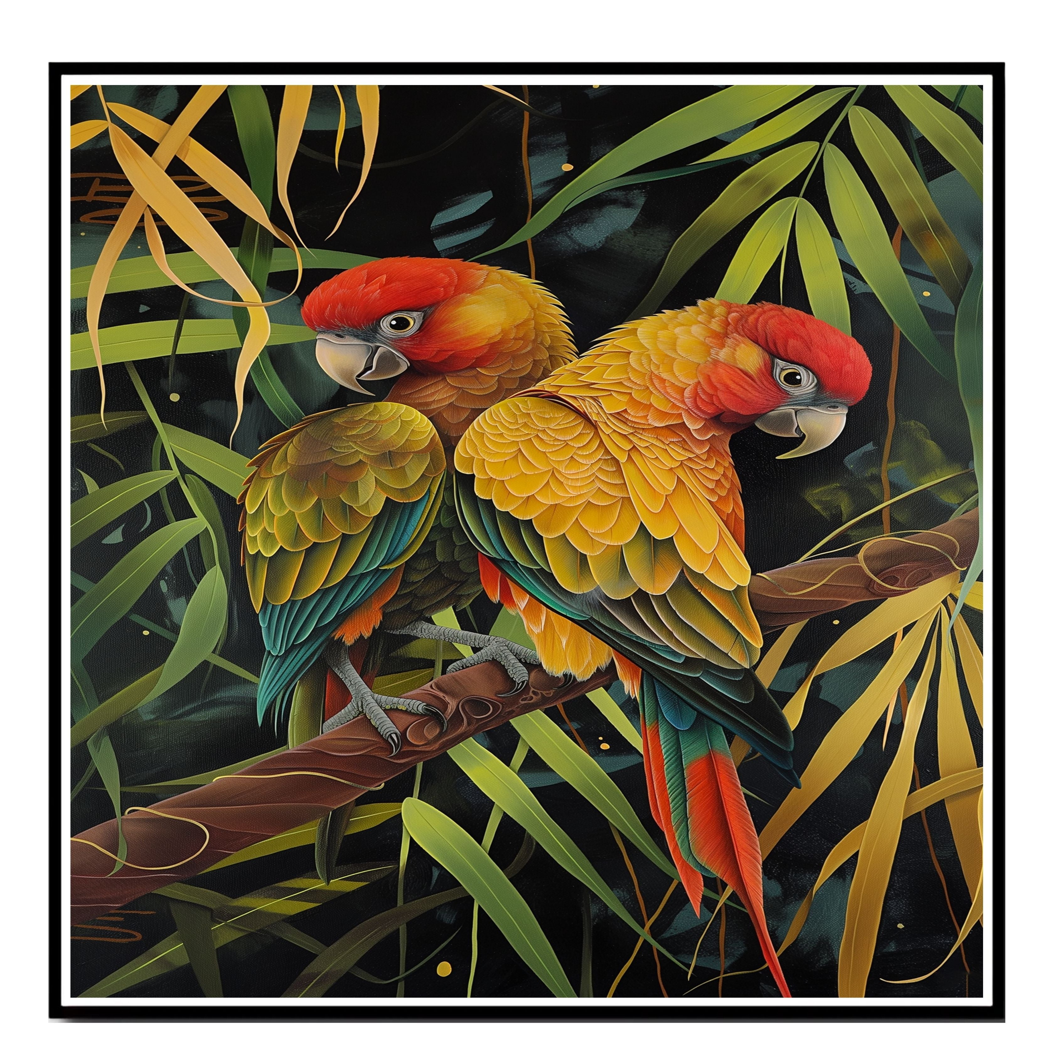 Jungle Parrot Pair Artwork Featuring Red and Yellow Feathers with Green Wings Perched on a Branch in a Lush Tropical Setting with Stylized Foliage on Ready to Hang 1.5" Thick Canvas Wrap, Floating Framed Canvas, Flat Rolled Canvas