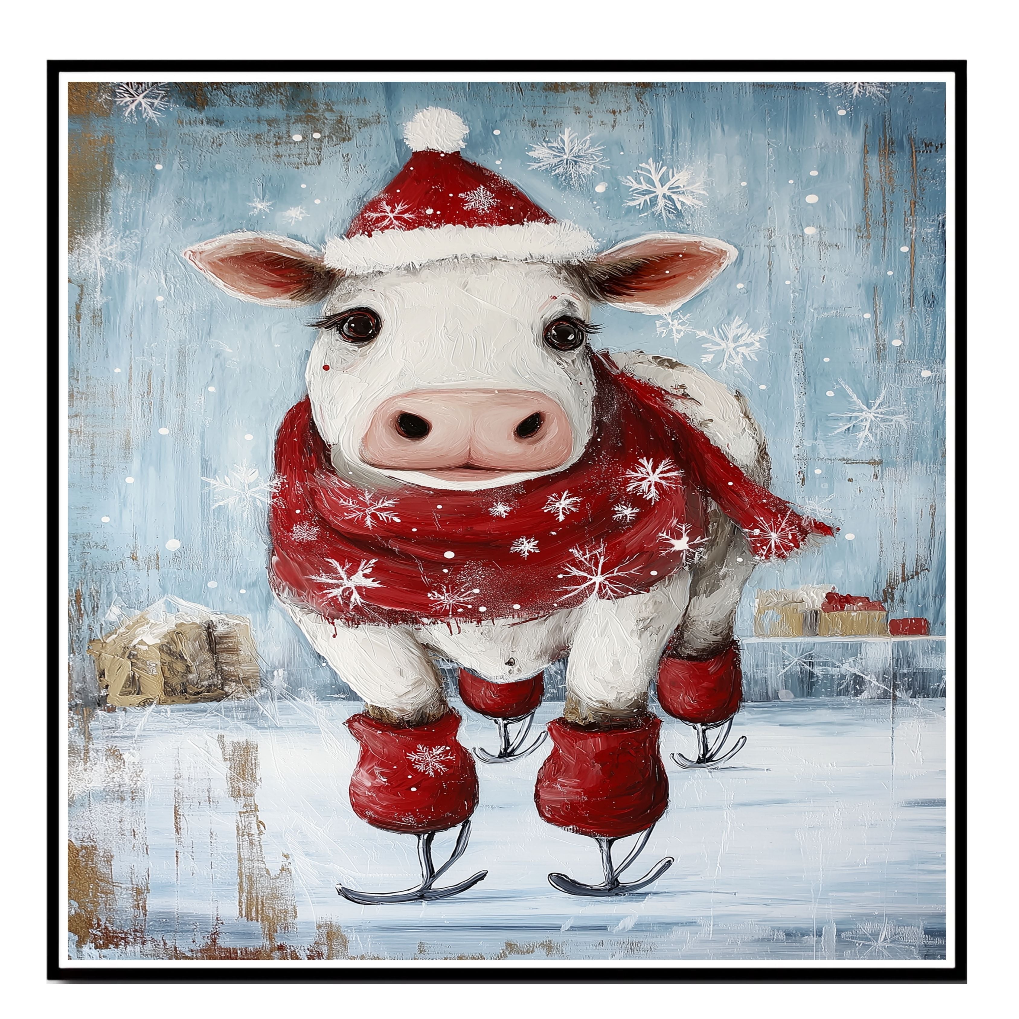 Adorable Christmas Cow Ice Skating in Santa Hat with Red Scarf Festive Farm Animal Illustration for Country Holiday Decor and Whimsical Winter Cheer on Ready to Hang 1.5" Thick Canvas Wrap, Floating Framed Canvas, Flat Rolled Canvas