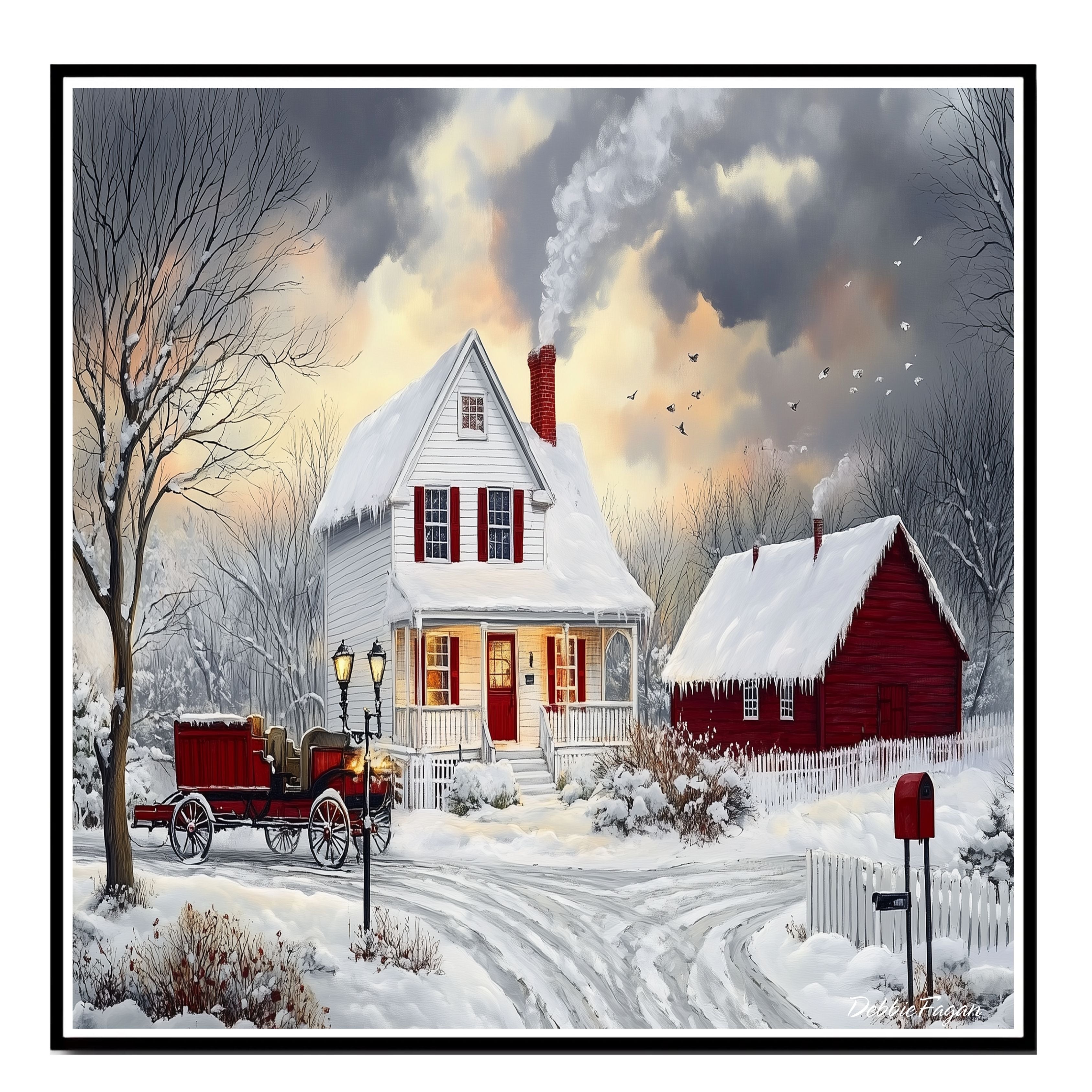 Winter Farmhouse – Cozy Snow-Covered Country Home with Red Barn and Sleigh Wall Art Print on Ready to Hang 1.5" Thick Canvas Wrap, Floating Framed Canvas, Flat Rolled Canvas