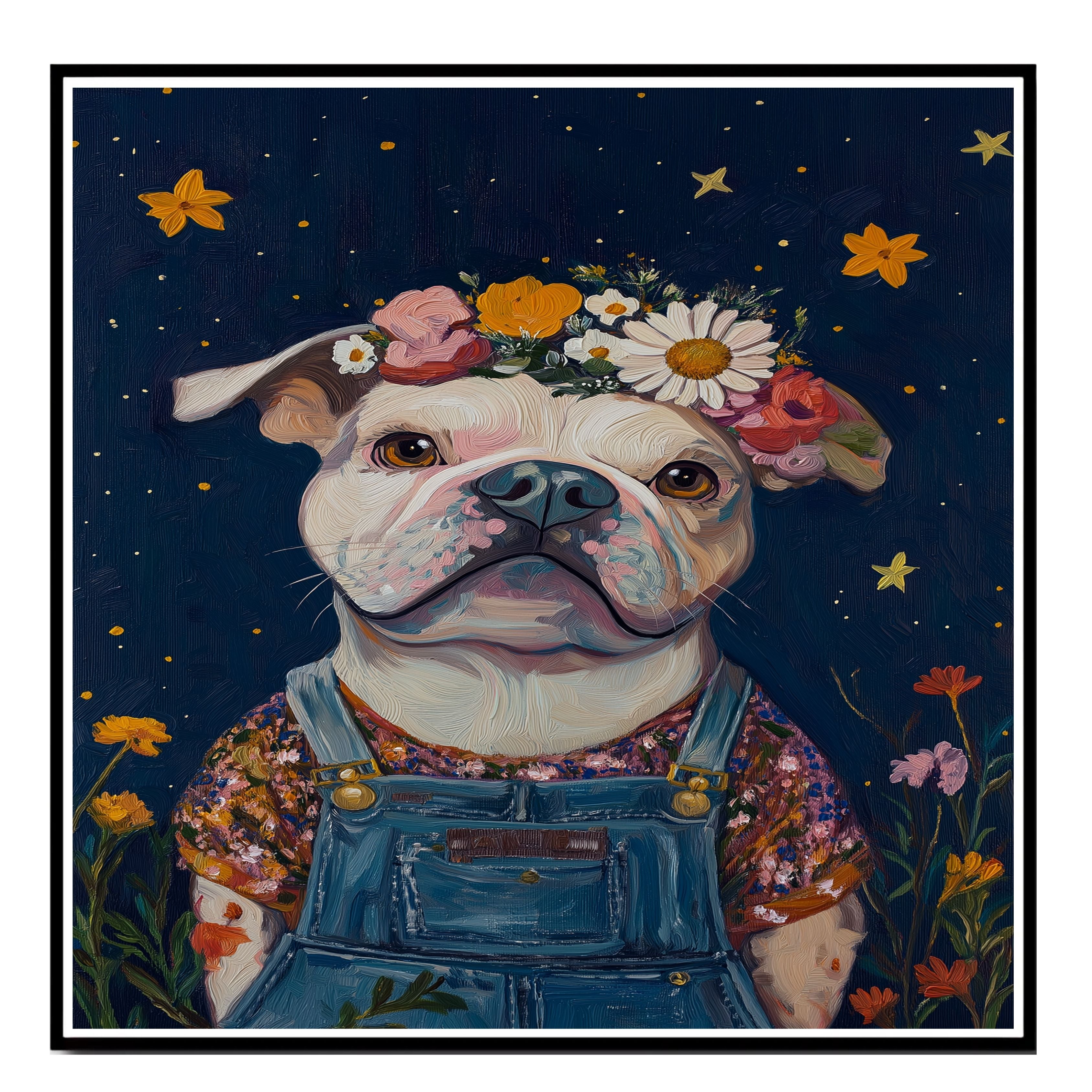Cute Plump Dog in Overalls Painting Adorable Floral Crown Pup Artwork Perfect for Cozy Home Office Nursery Dog Lovers Wall Decor Gift for Pet and Art Enthusiasts on Ready to Hang 1.5" Thick Canvas Wrap, Floating Framed Canvas, Flat Rolled Canvas