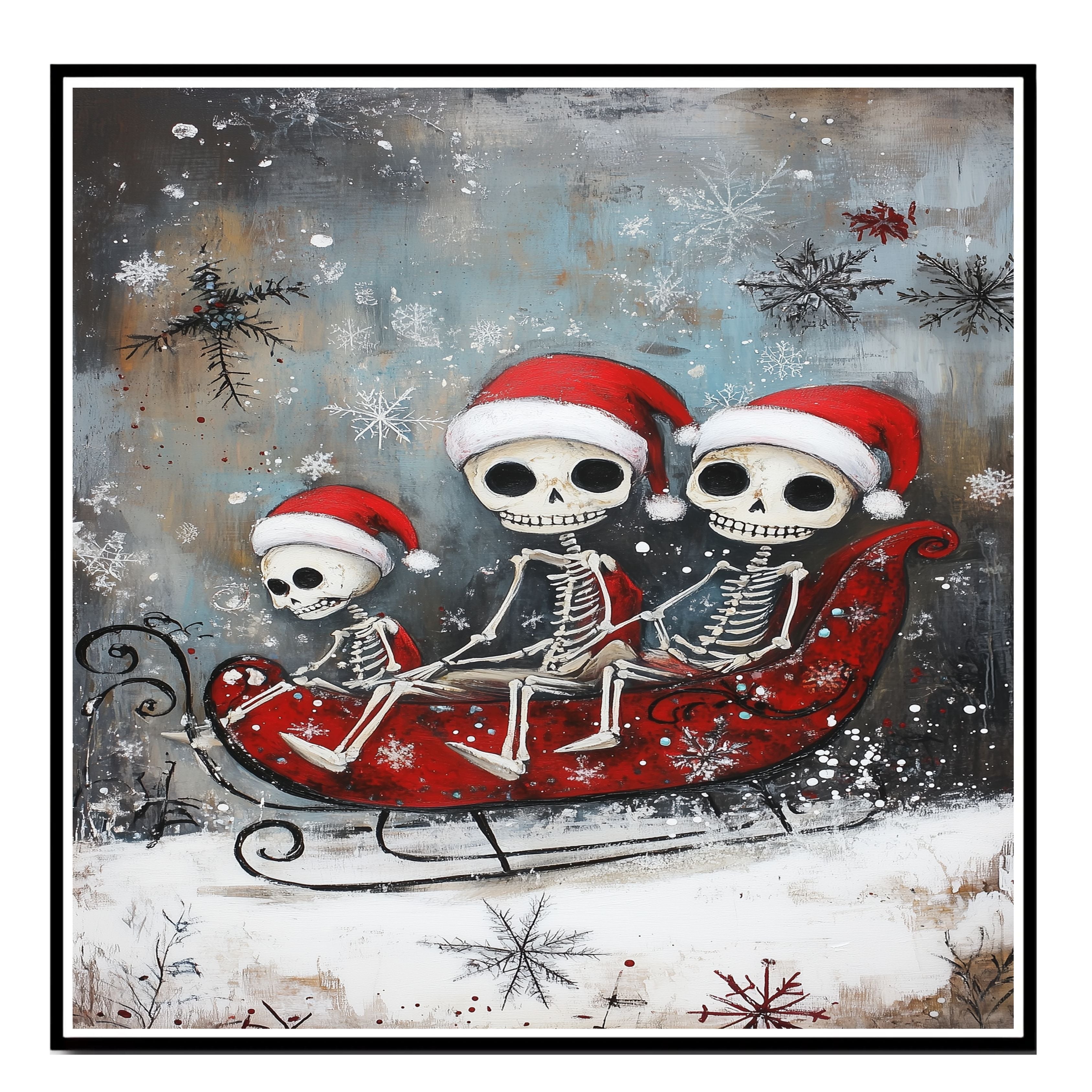 Whimsical Skeleton Family Sleigh Ride Christmas Print – Spooky Cute Holiday Decor with Santa Hats, Red Sleigh & Snowflakes, Gothic Winter Wall Art on Ready to Hang 1.5" Thick Canvas Wrap, Floating Framed Canvas, Flat Rolled Canvas