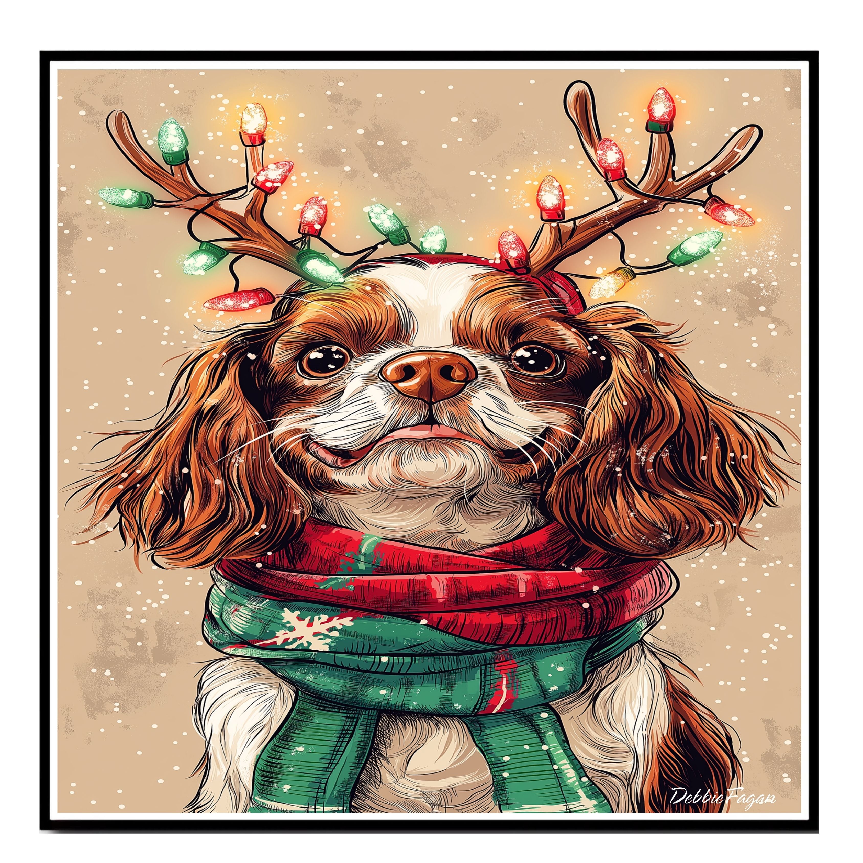 "Flurries of Joy" - Cavalier King Charles Dog with Lighted Antlers & Holiday Scarf in Snowfall, Ready to Hang 1.5" Thick Canvas Wrap, Floating Framed Canvas, Flat Rolled Canvas