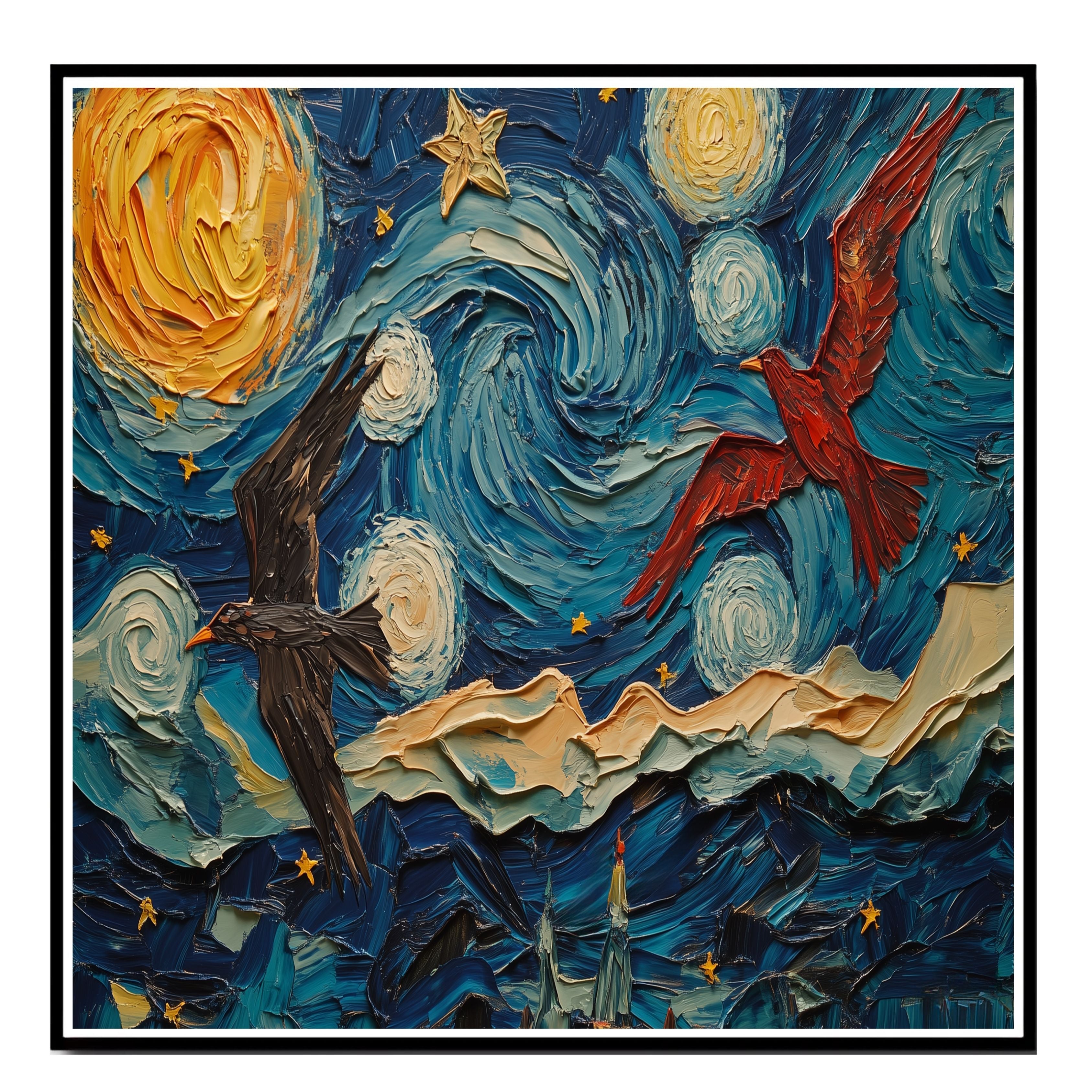 Starry Night Folk Art with Birds – Colorful Impressionist Sky Wall Art Print – Van Gogh Inspired Patriotic Red and Black Birds Soaring in Whimsical Night Sky on Ready to Hang 1.5" Thick Canvas Wrap, Floating Framed Canvas, Flat Rolled Canvas