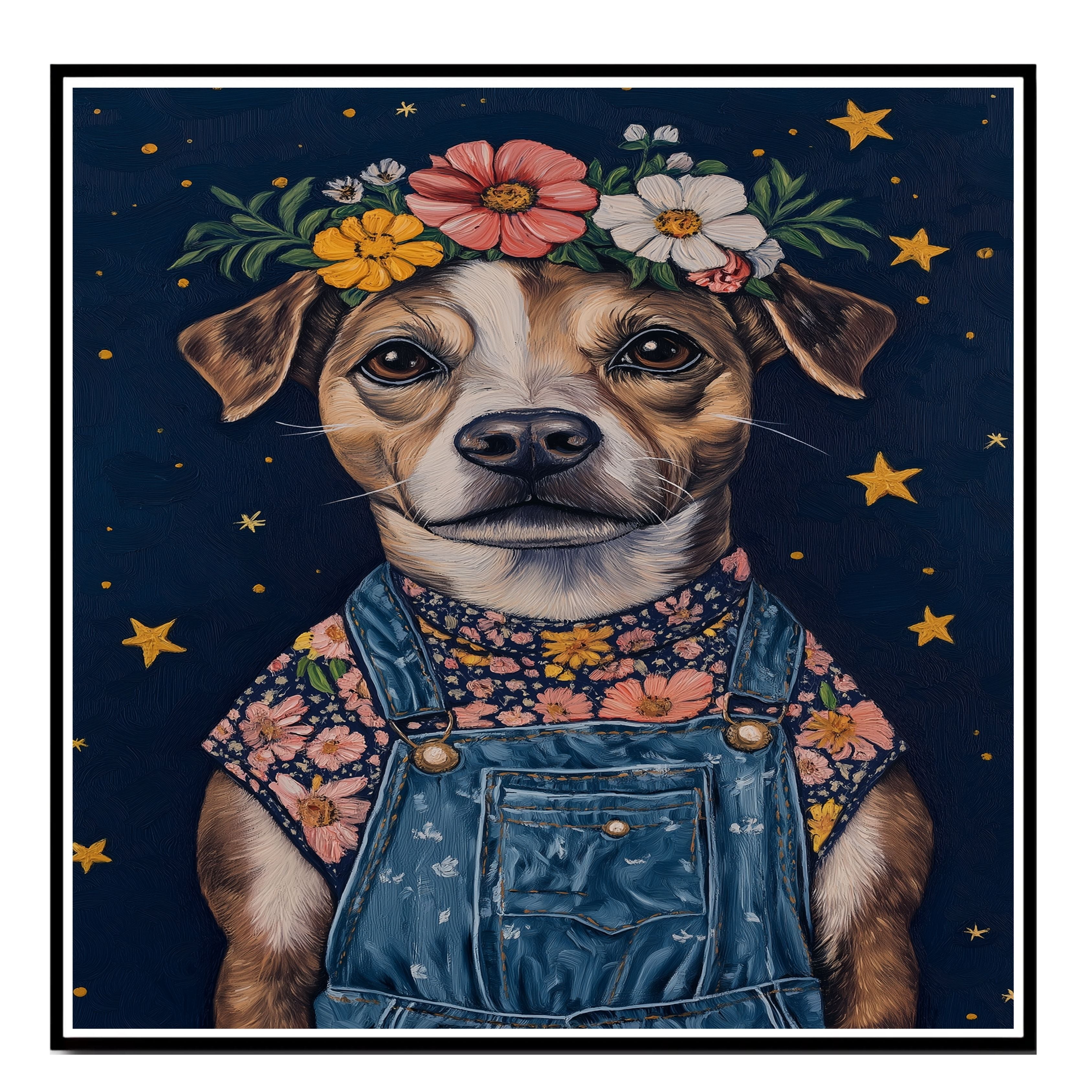 Dog Wearing Overalls and Floral Crown Art Whimsical Animal Painting for Nursery Farmhouse Decor Dog Lover Gift Cute Rustic Wall Print for Bedroom or Living Room on Ready to Hang 1.5" Thick Canvas Wrap, Floating Framed Canvas, Flat Rolled Canvas