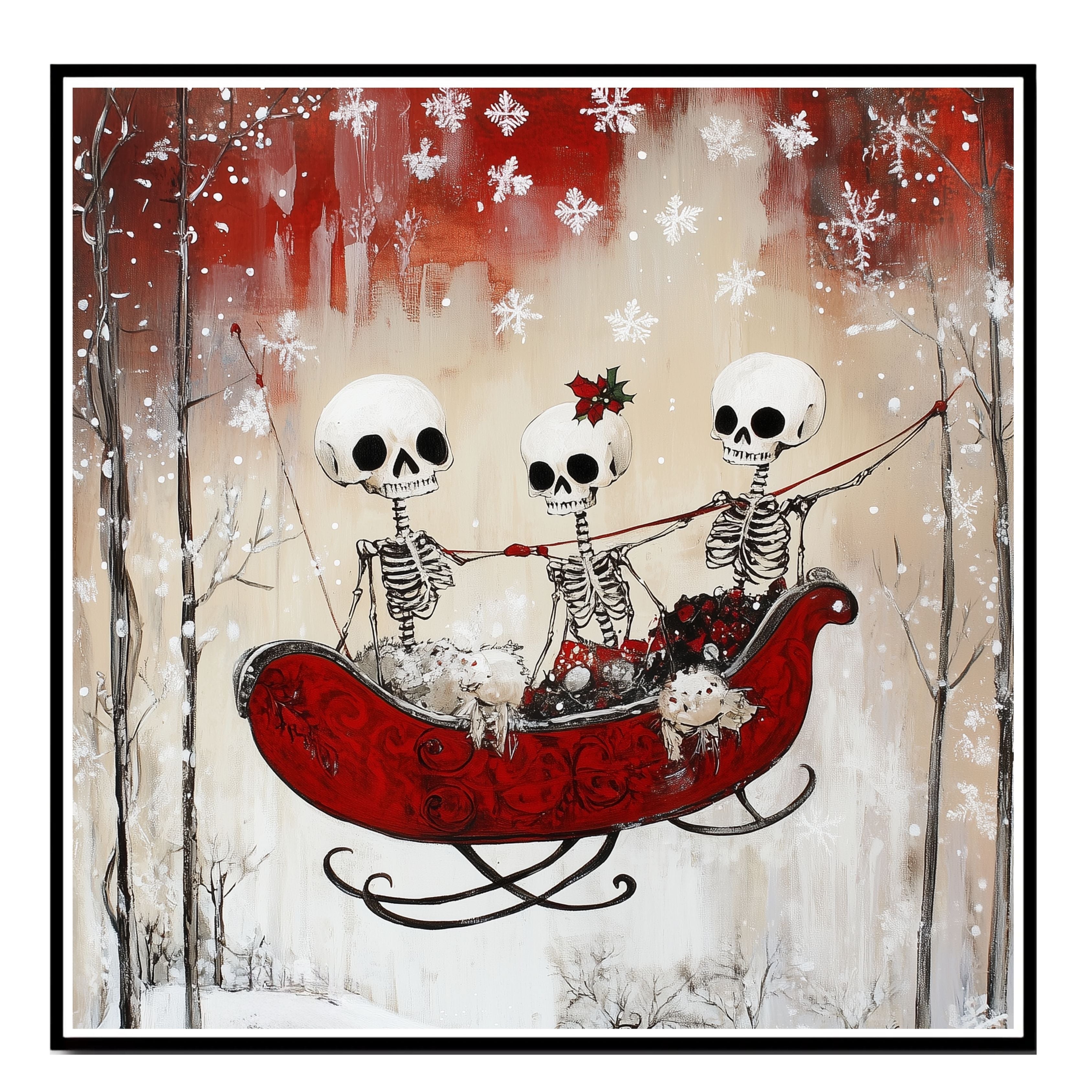 Whimsical Skeleton Sleigh Ride Christmas Art Print – Gothic Winter Wonderland Wall Decor with Skeleton Friends, Red Sleigh, Snowy Trees & Holiday Florals on Ready to Hang 1.5" Thick Canvas Wrap, Floating Framed Canvas, Flat Rolled Canvas