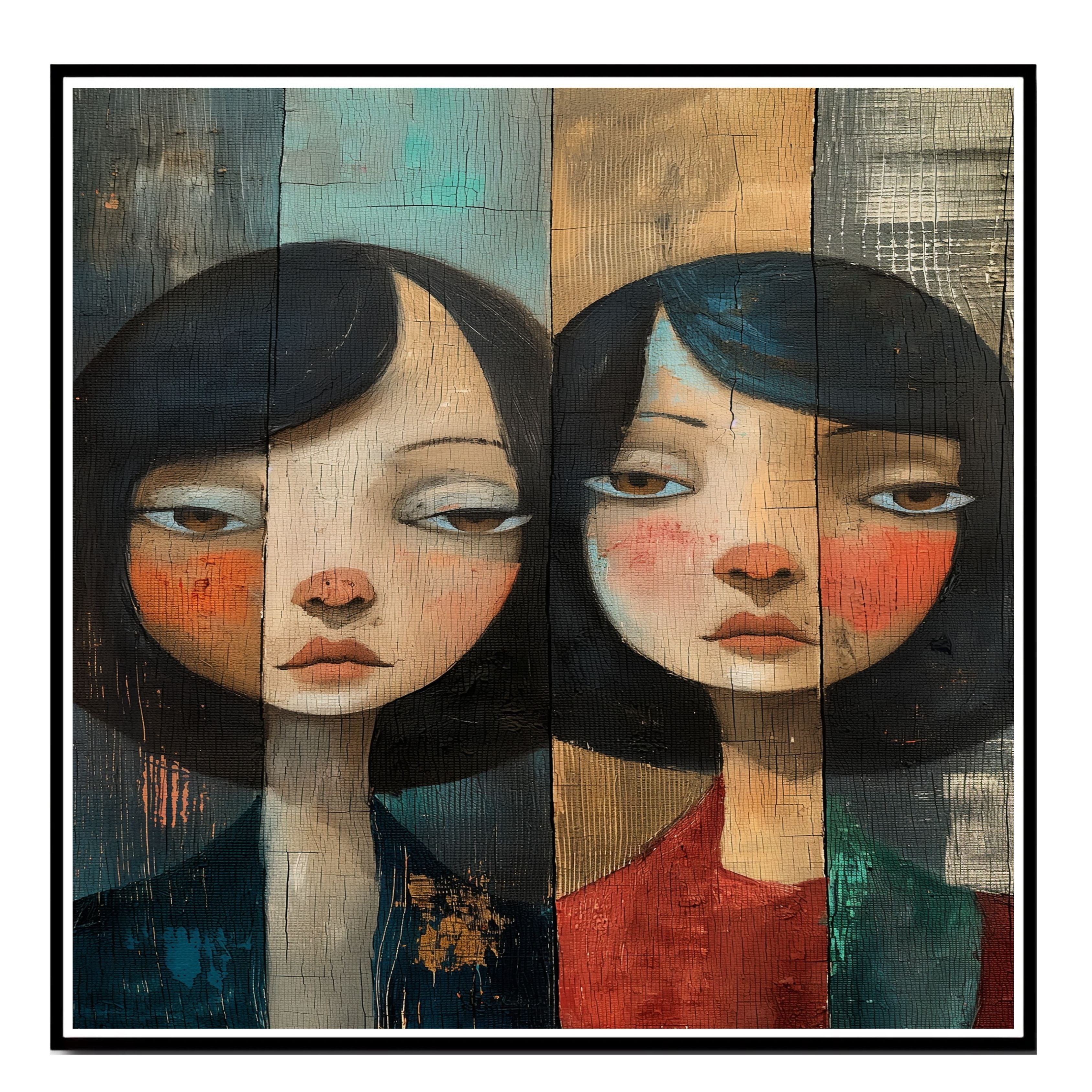 Moody Portrait of Two Girls Expressive Hand Painted Art Rustic Wood Texture Emotional and Thoughtful Wall Decor Perfect for Home Living Room or Office on Ready to Hang 1.5" Thick Canvas Wrap, Floating Framed Canvas, Flat Rolled Canvas