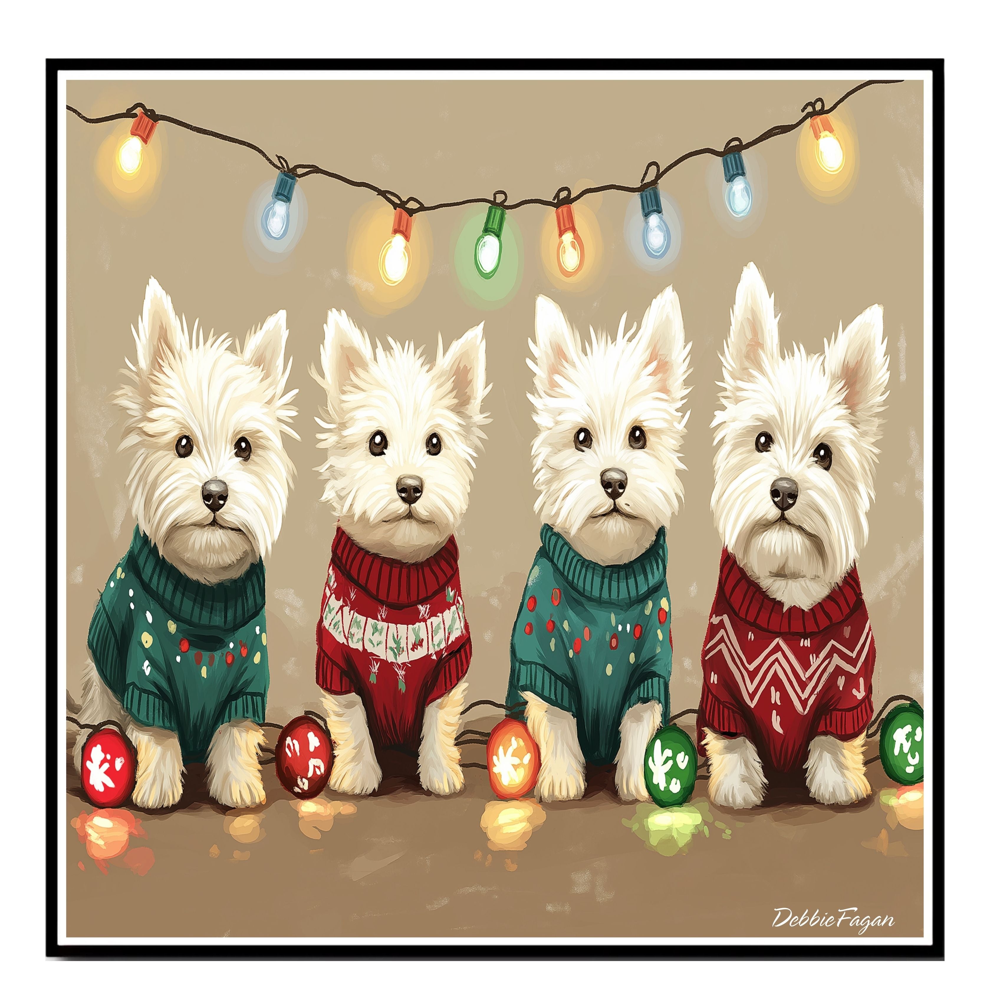 Dog Christmas Canvas  - "Highland Holiday Joy" - West Highland Terriers in Festive Sweaters with Christmas Lights on Ready to Hang 1.5" Thick Canvas Wrap, Floating Framed Canvas, Flat Rolled Canvas