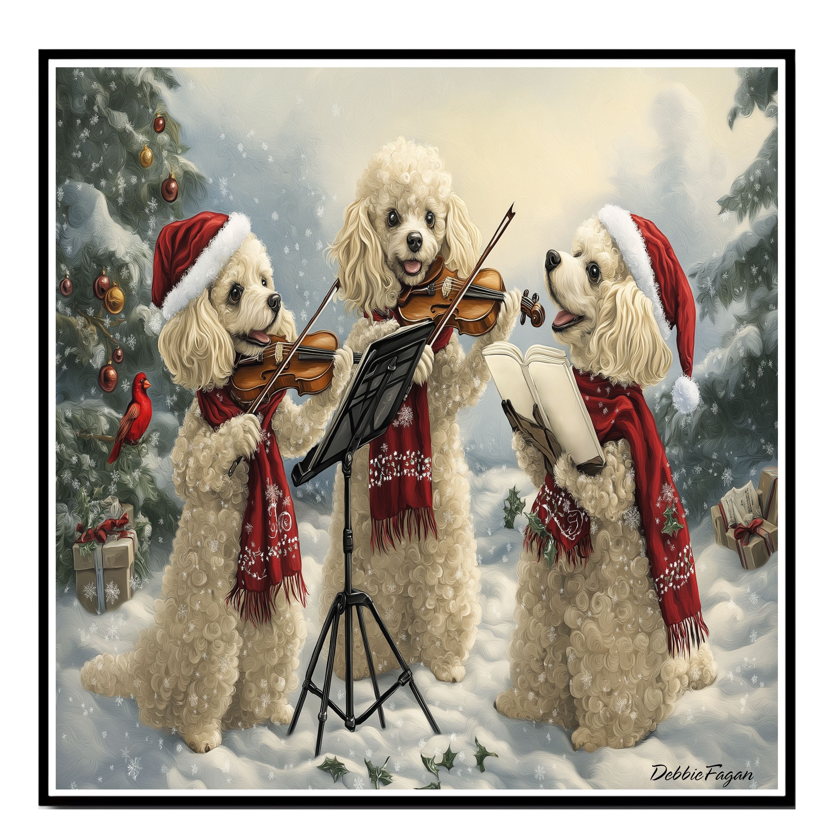 Dog Christmas Canvas  - "Symphony in Snow" - Poodles Playing Violin in a Winter Forest on Ready to Hang 1.5" Thick Canvas Wrap, Floating Framed Canvas, Flat Rolled Canvas