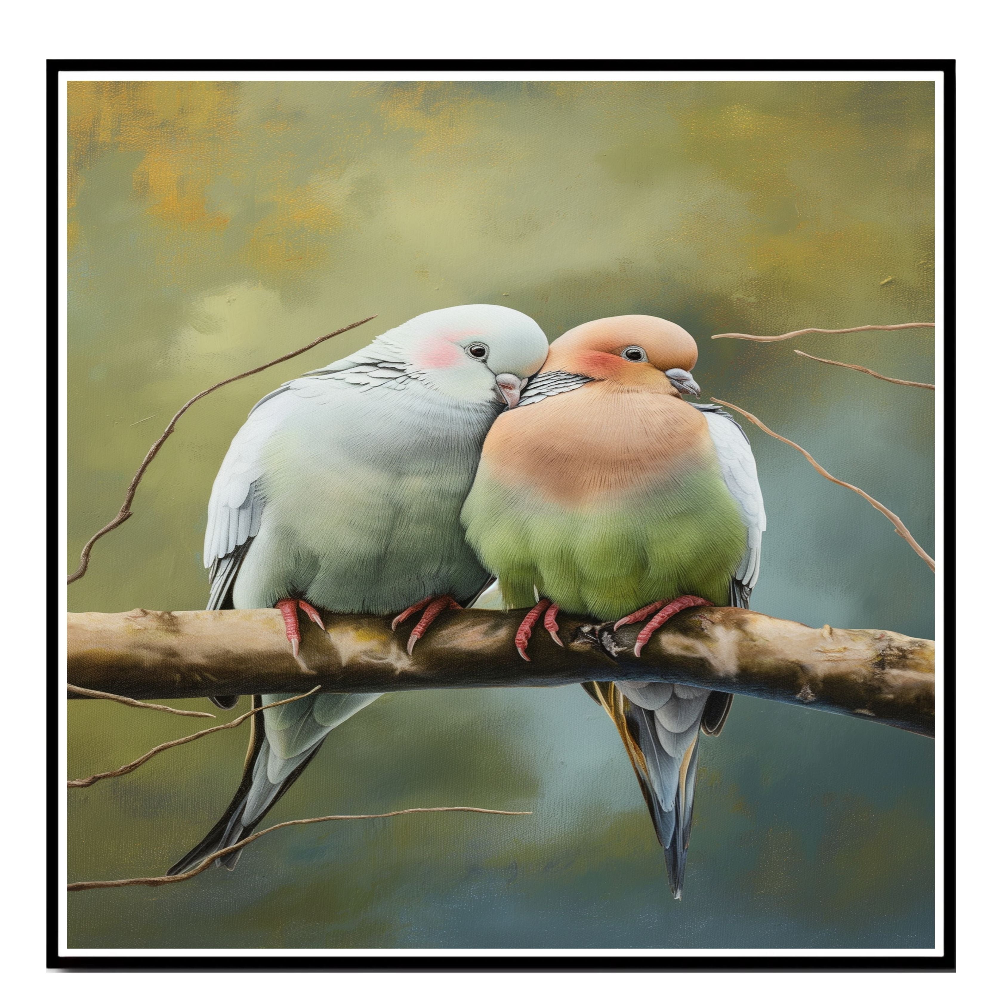 Charming Bird Couple Snuggled on Branch in Soft Pastel Tones with Forest Background Perfect for Romantic Ambiance and Nature Inspired Art Lovers on Ready to Hang 1.5" Thick Canvas Wrap, Floating Framed Canvas, Flat Rolled Canvas