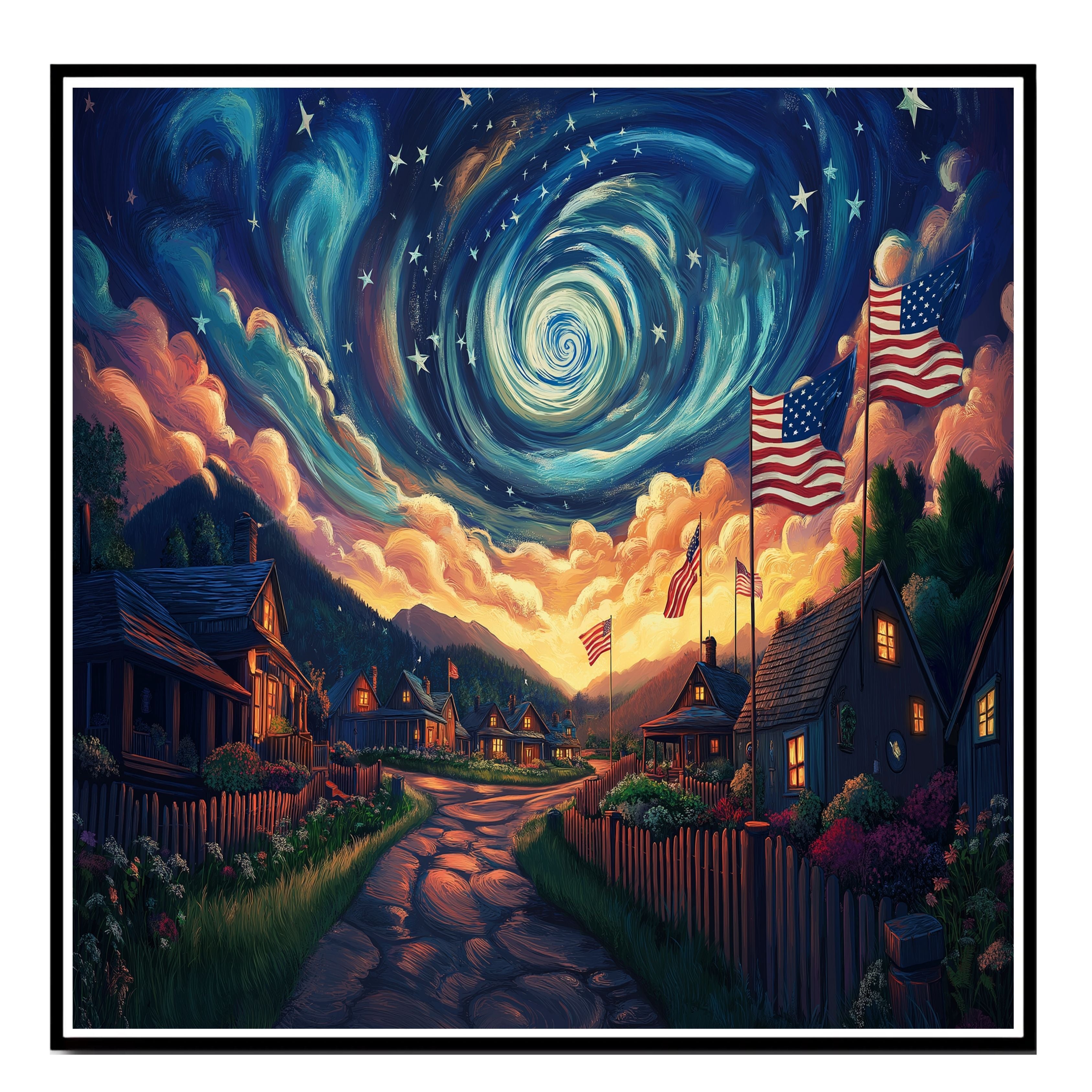 Patriotic Village with Glowing Homes, American Flags, and Swirling Sky at Sunset, Whimsical 4th of July Scene with Stars, Mountains, and Radiant Colors on Ready to Hang 1.5" Thick Canvas Wrap, Floating Framed Canvas, Flat Rolled Canvas