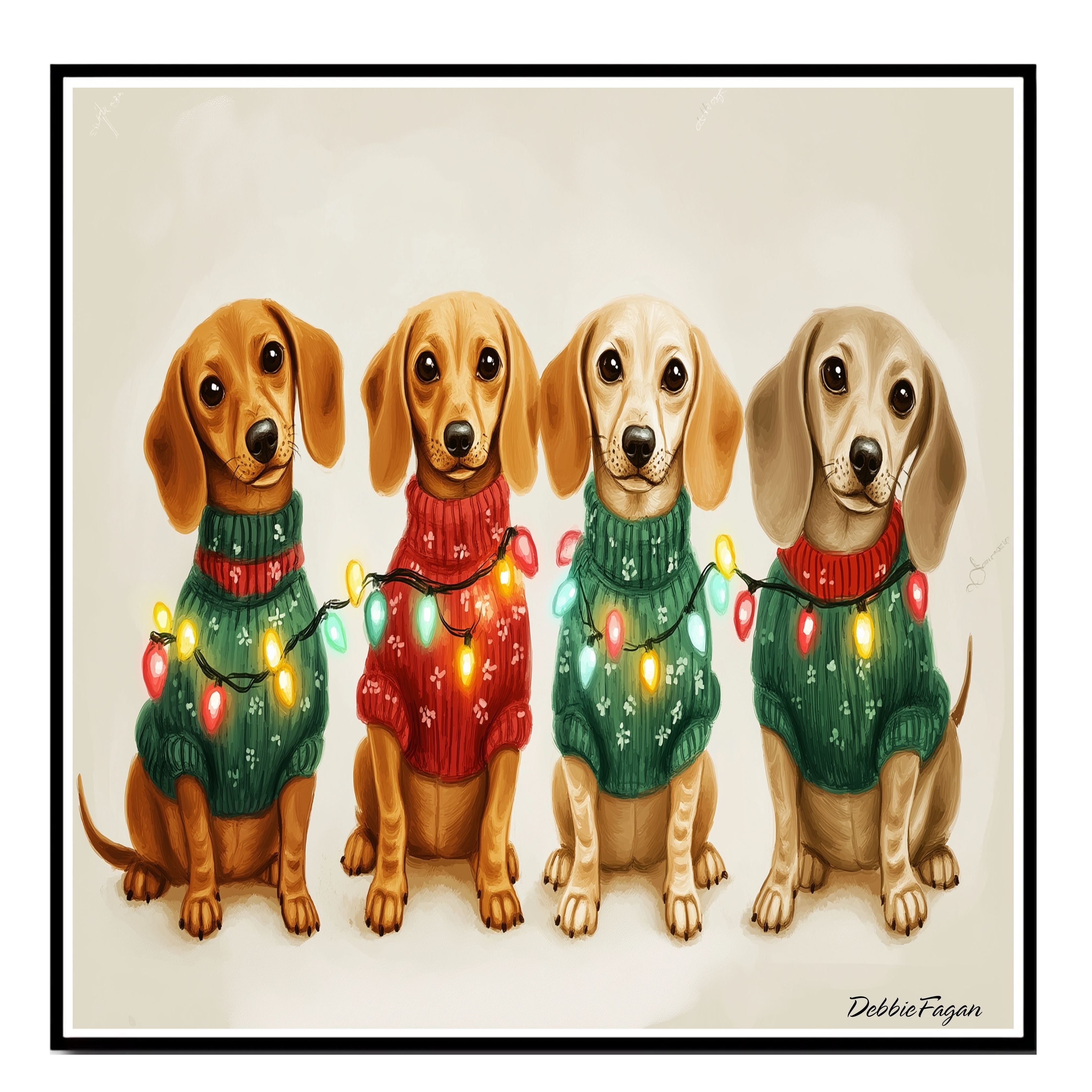 Christmas Canvas  - Dachshund Snuggles - Adorable Dogs in Cozy Sweaters Wrapped in Colorful Christmas Lights on Ready to Hang 1.5" Thick Canvas Wrap, Floating Framed Canvas, Flat Rolled Canvas