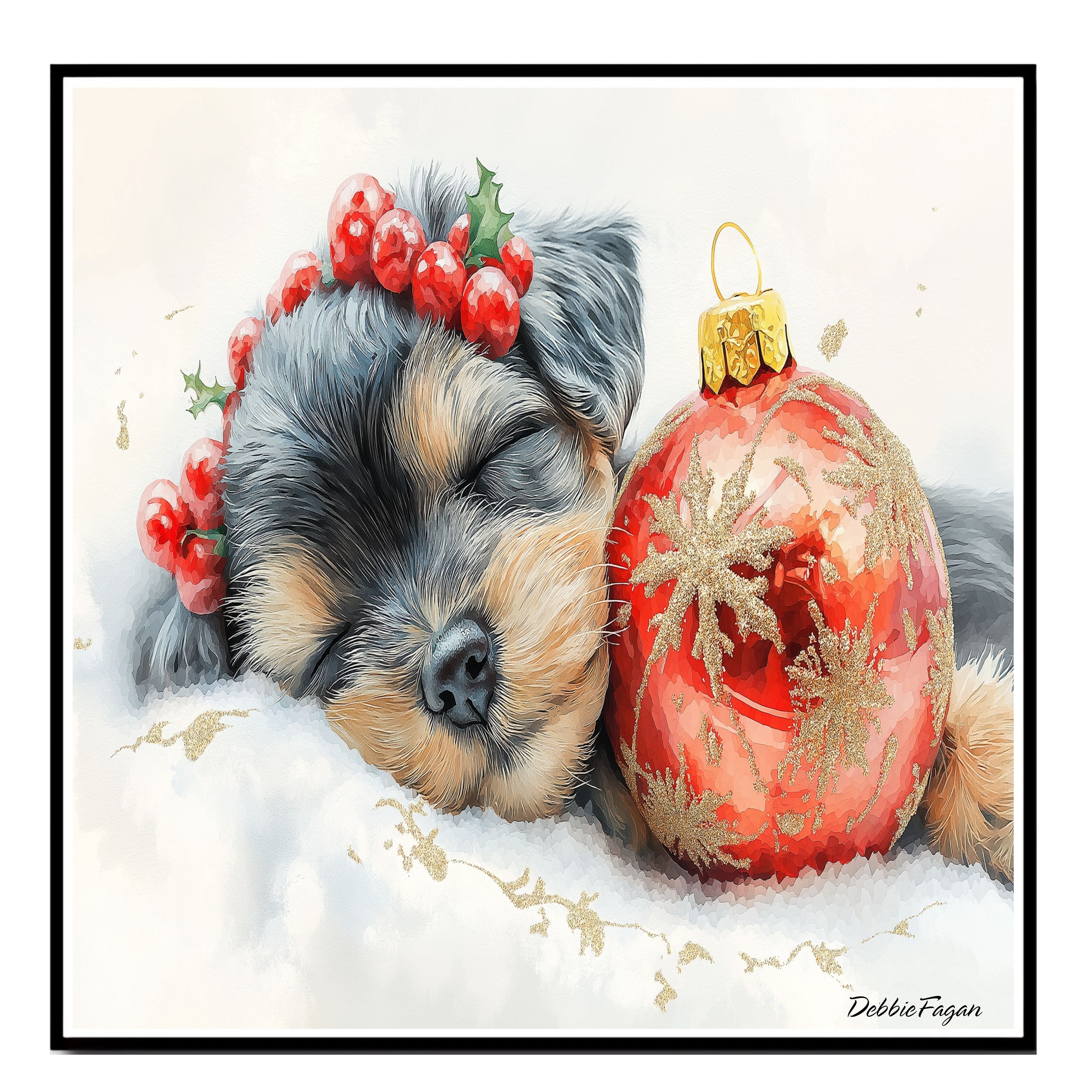 Schnauzer Christmas Canvas - "Silent Night Snooze" - Cozy Puppy Nestled Beside Christmas Ornament on Ready to Hang 1.5" Thick Canvas Wrap, Floating Framed Canvas, Flat Rolled Canvas