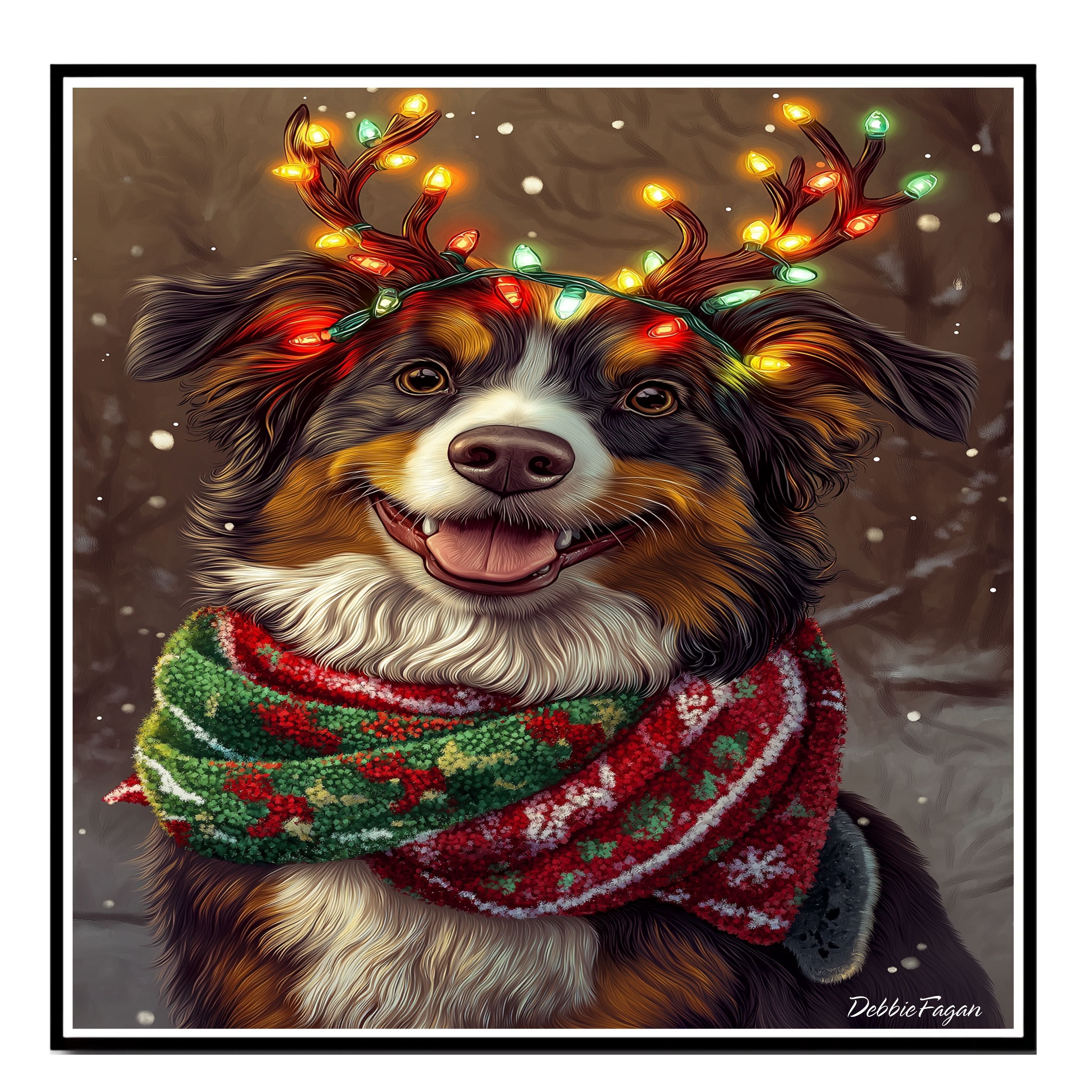 Forest Glow' - Australian Shepherd with Lighted Antlers & Festive Scarf in Snowy Forest Scene, Ready to Hang 1.5" Thick Canvas Wrap, Floating Framed Canvas, Flat Rolled Canvas