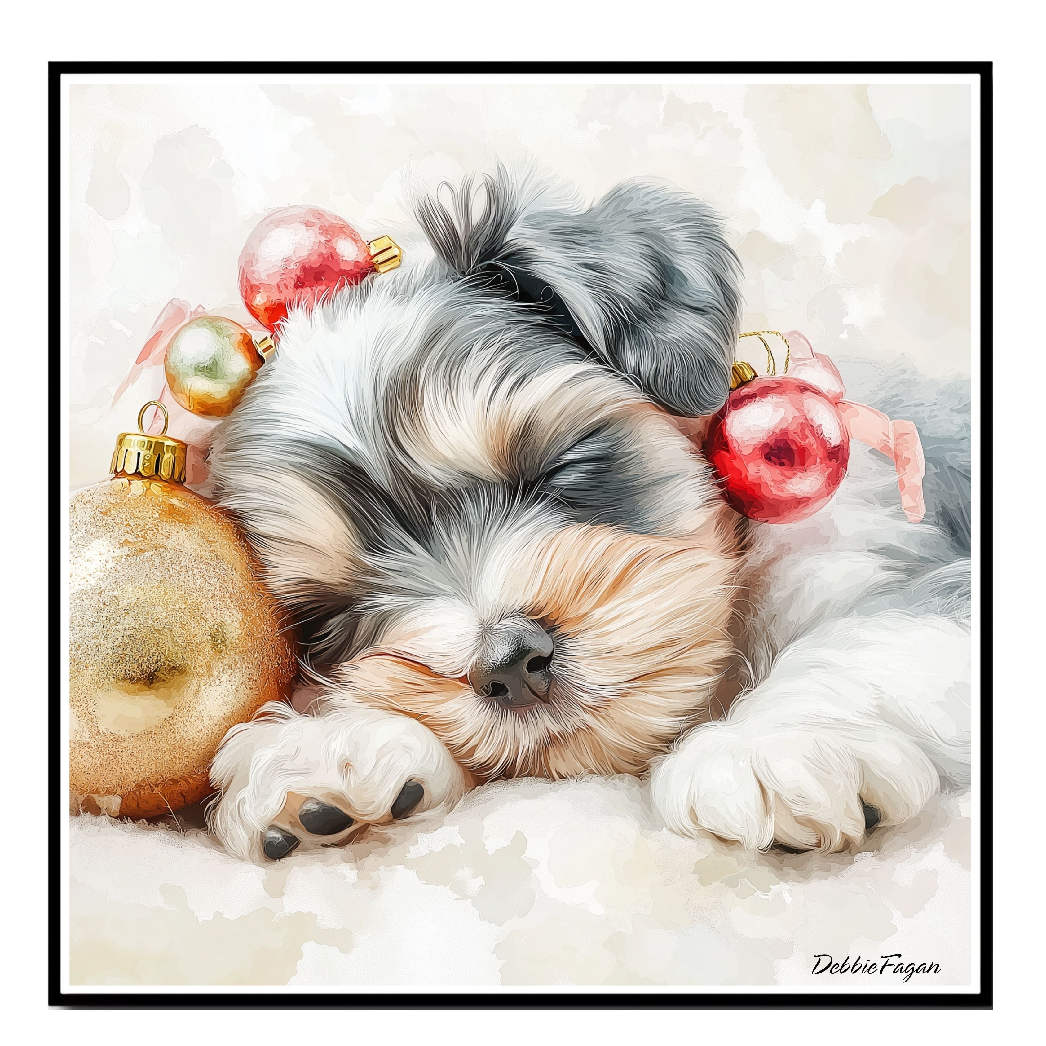 Schnauzer Christmas Canvas - "Holiday Slumber" - Adorable Puppy Snuggled Beside Festive Ornament on Ready to Hang 1.5" Thick Canvas Wrap, Floating Framed Canvas, Flat Rolled Canvas