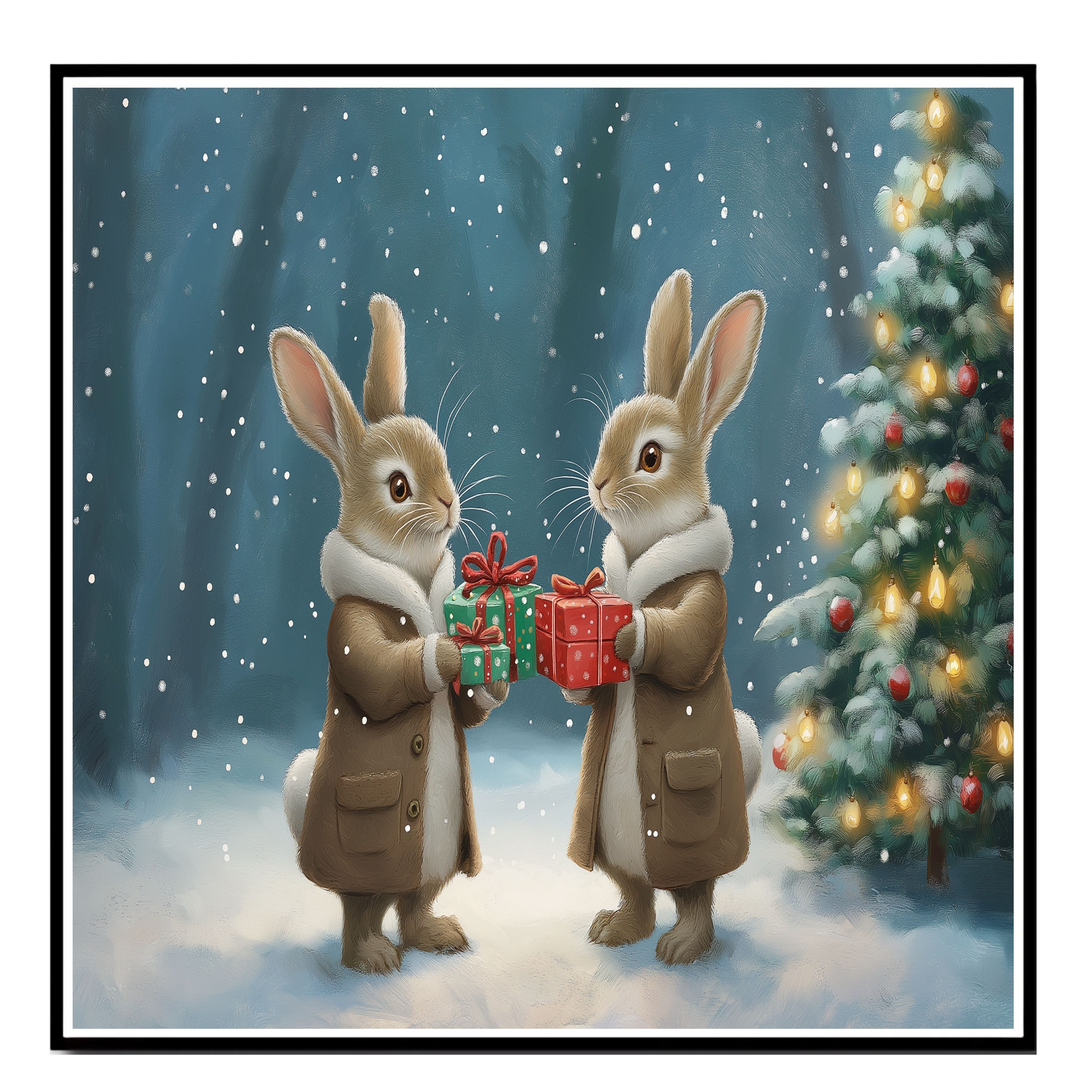 "Enchanted Forest Cheer: Bunnies Exchanging Gifts" Ð Cozy Winter Scene on Ready to Hang 1.5" Thick Canvas Wrap, Floating Framed Canvas, Flat Rolled Canvas