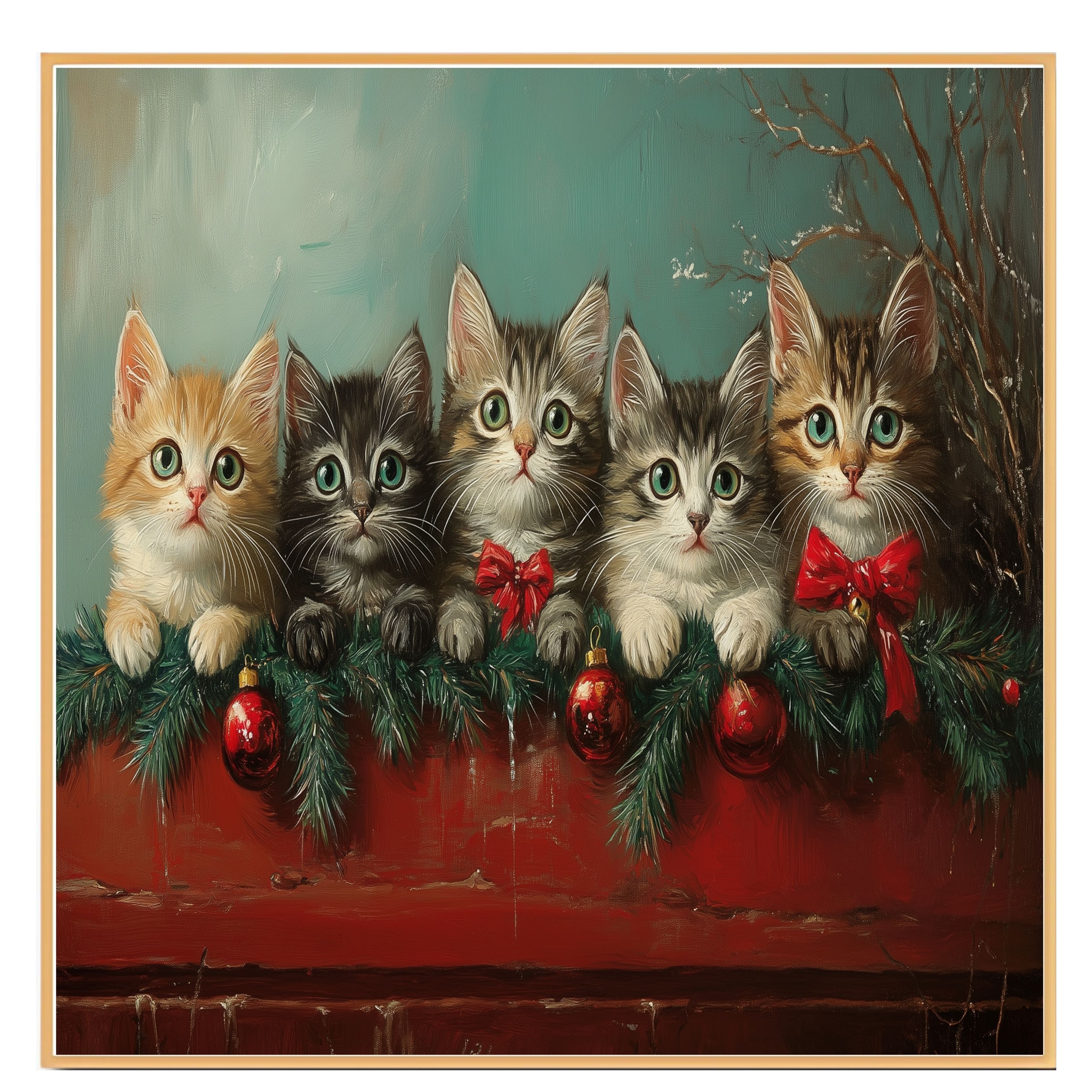 "Retro Christmas Charm: Five Adorable Kittens" Vintage-Style Holiday Scene on Ready to Hang 1.5" Thick Canvas Wrap, Floating Framed Canvas, Flat Rolled Canvas