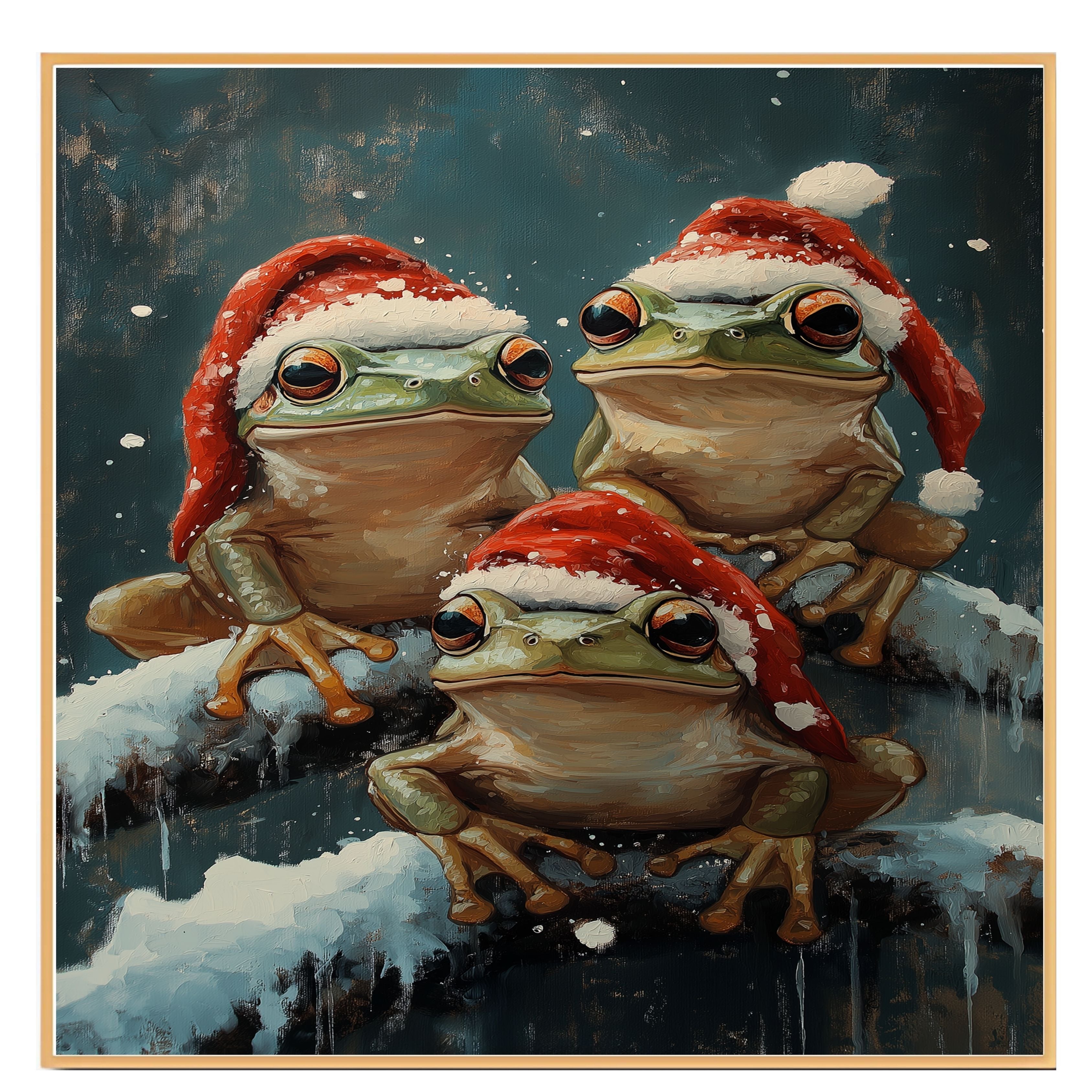 Christmas Frogs in Santa Hats Festive Tree Frogs Sitting on Snowy Branches Adorable Winter Holiday Decoration for Home Office or Christmas Gifts on Ready to Hang 1.5" Thick Canvas Wrap, Floating Framed Canvas, Flat Rolled Canvas
