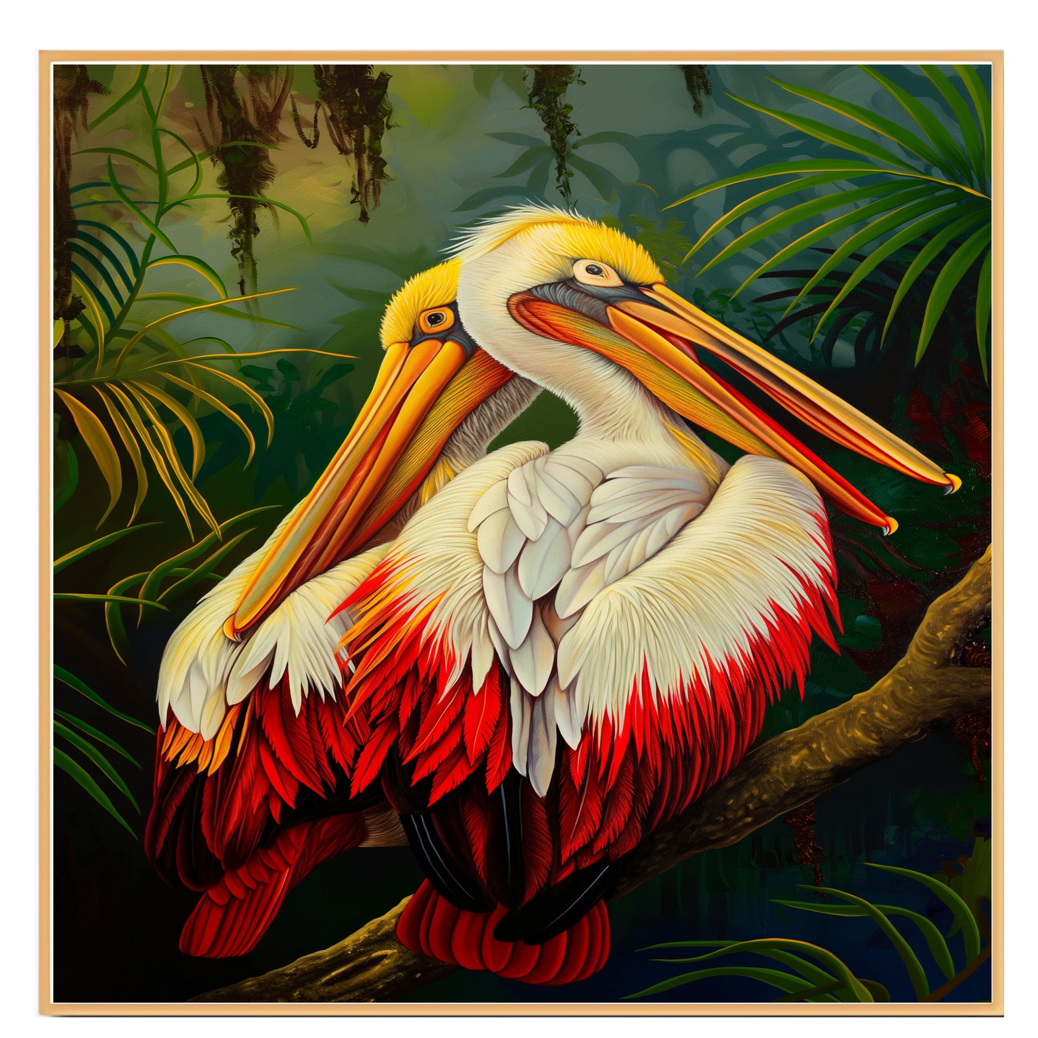 Pair of White and Red Pelicans with Golden Beaks Resting on a Jungle Branch Surrounded by Lush Tropical Foliage in a Vibrant Rainforest Setting on Ready to Hang 1.5" Thick Canvas Wrap, Floating Framed Canvas, Flat Rolled Canvas