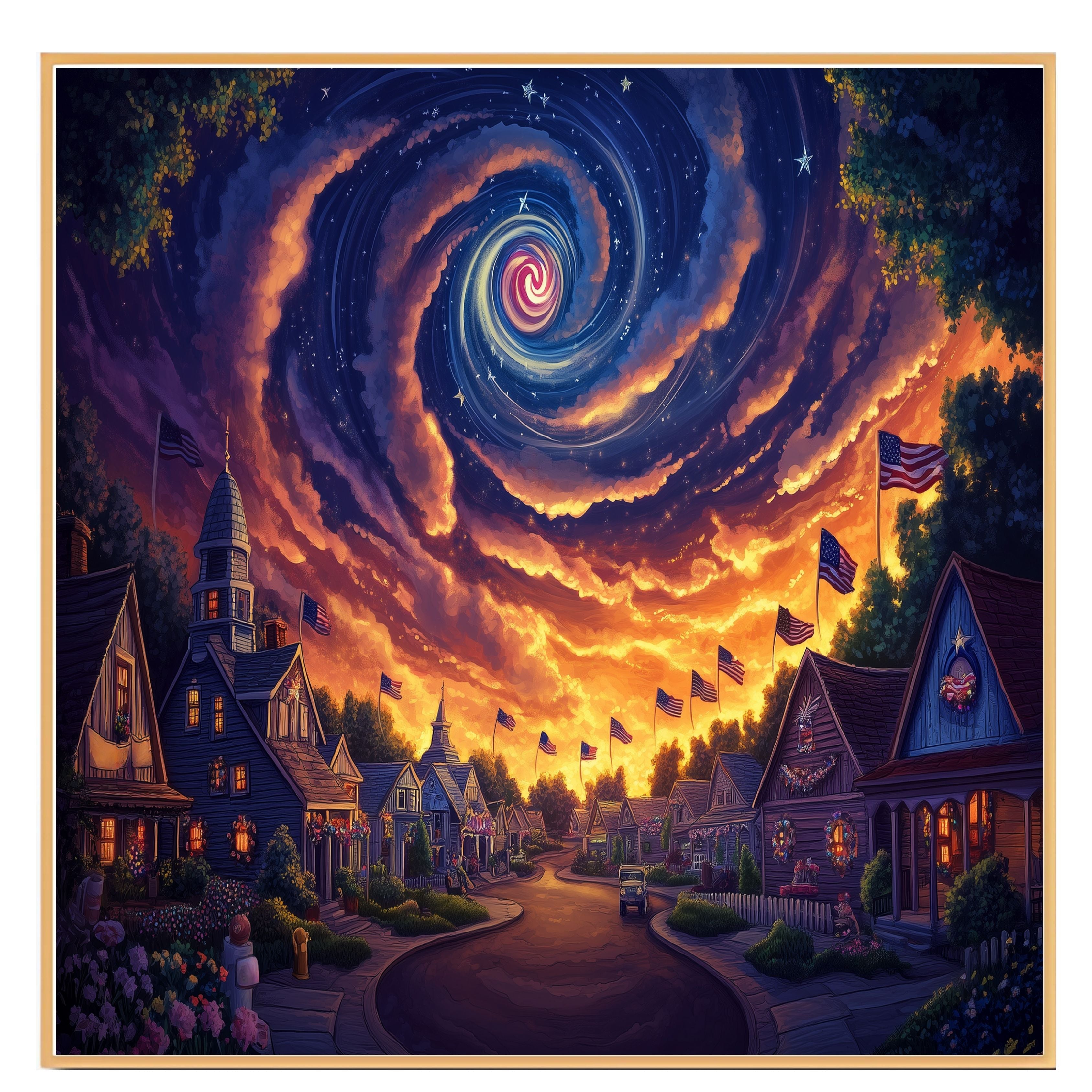 Magical 4th of July Village at Sunset with American Flags and Swirling Galaxy Sky, Glowing Homes and Patriotic Charm in a Dreamy Celebration of Freedom on Ready to Hang 1.5" Thick Canvas Wrap, Floating Framed Canvas, Flat Rolled Canvas