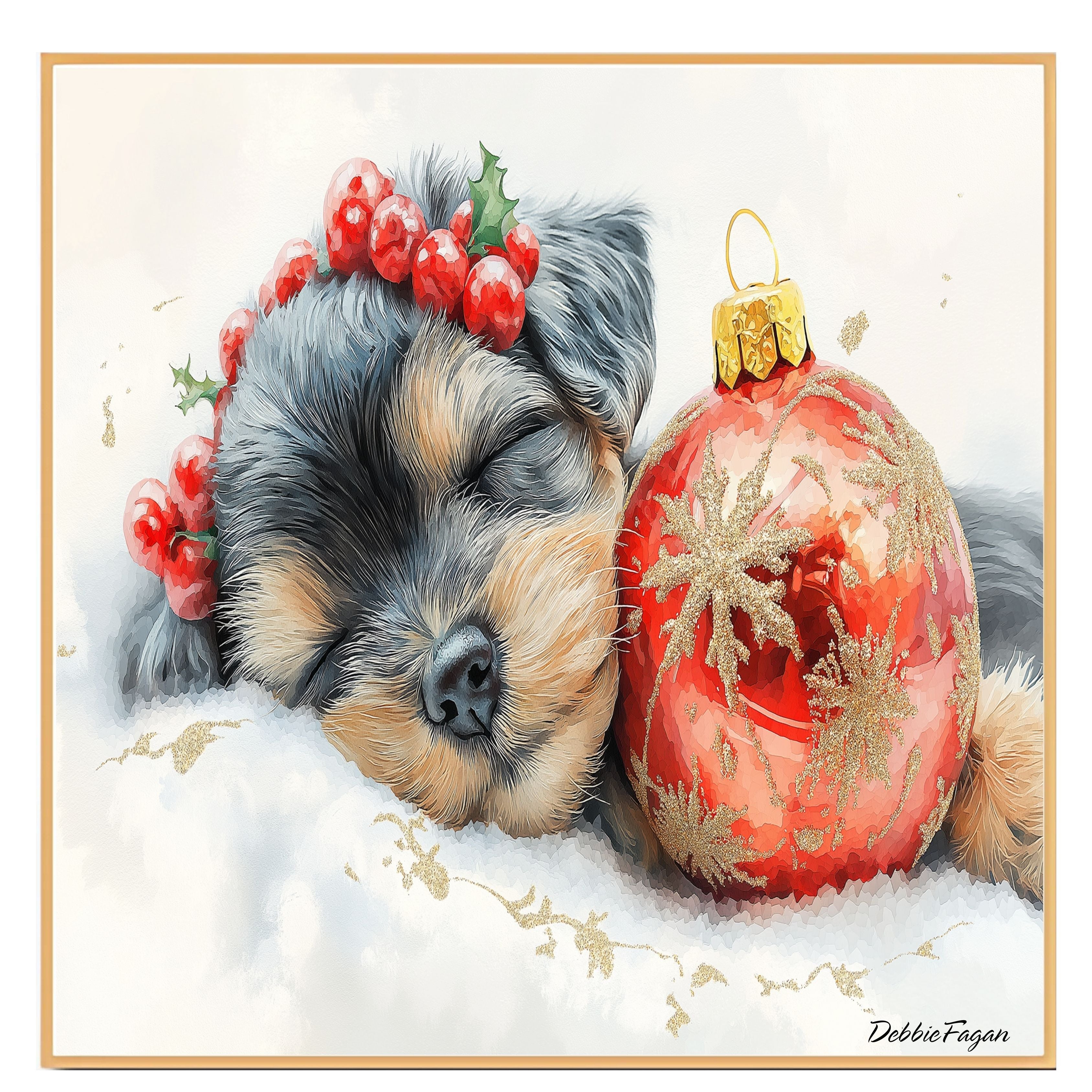 Schnauzer Christmas Canvas - "Silent Night Snooze" - Cozy Puppy Nestled Beside Christmas Ornament on Ready to Hang 1.5" Thick Canvas Wrap, Floating Framed Canvas, Flat Rolled Canvas