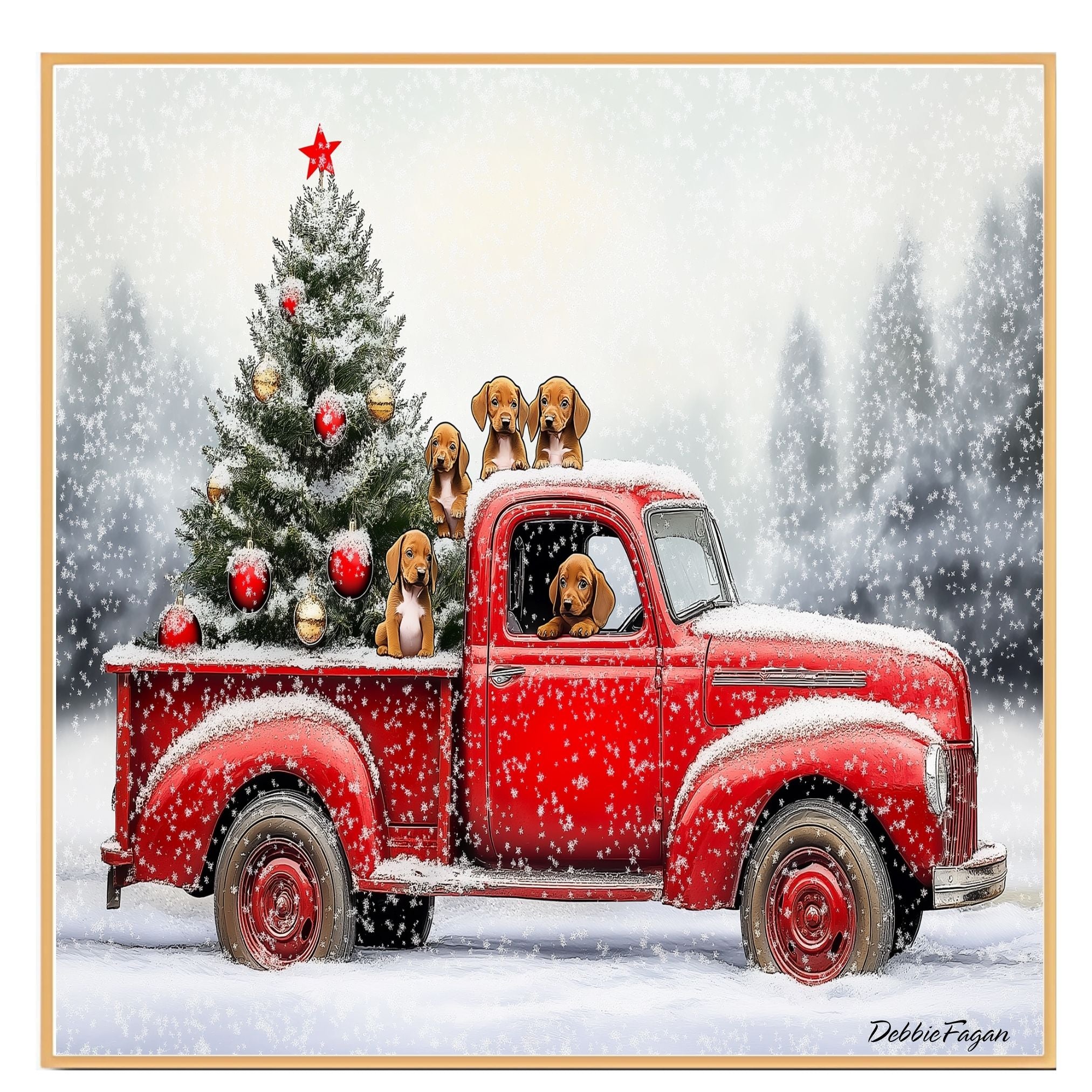 Vizsla Christmas Canvas - "Holiday Journey with Vizslas" - Puppies in a Festive Red Truck Canvas on Ready to Hang 1.5" Thick Canvas Wrap, Floating Framed Canvas, Flat Rolled Canvas