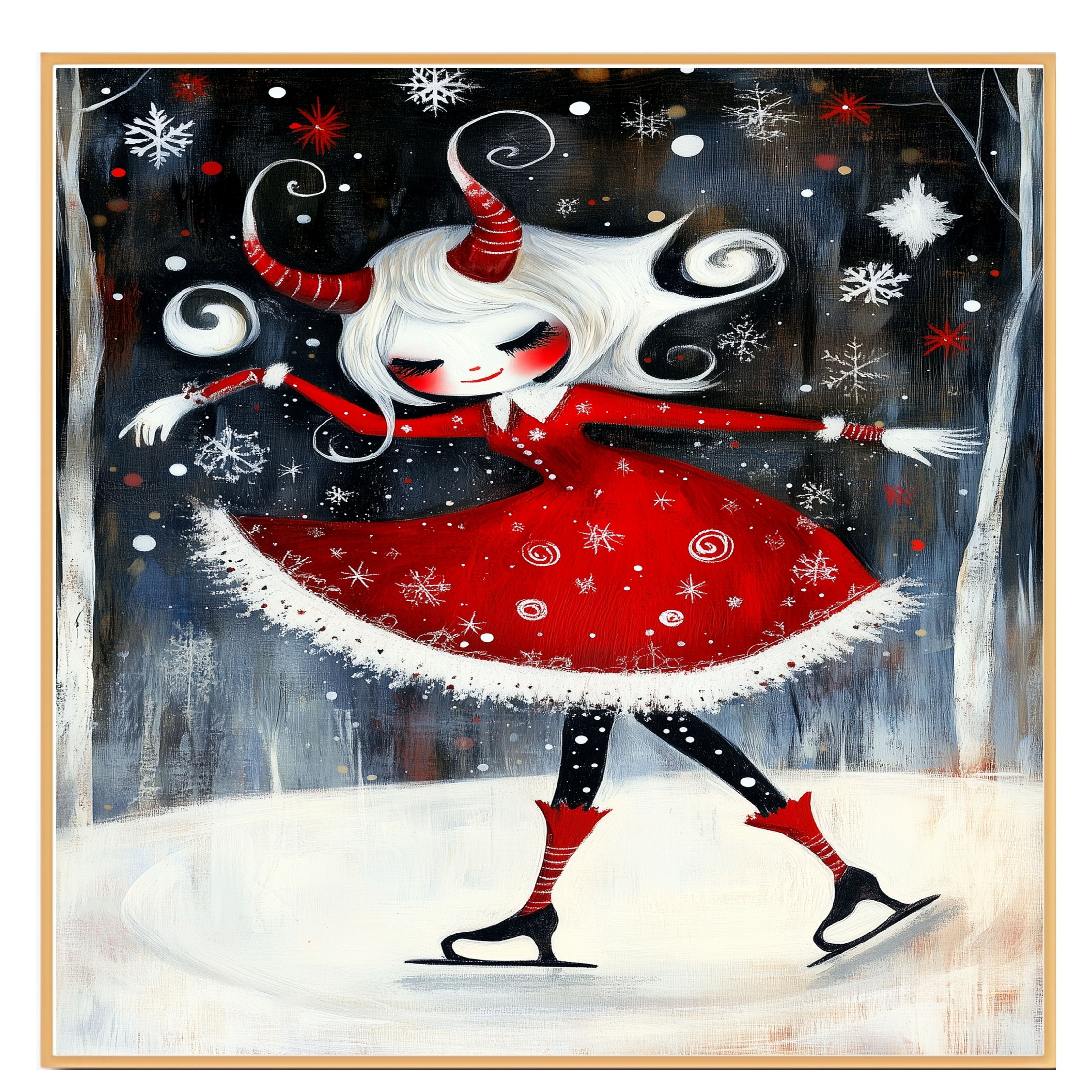 Whimsical Christmas Devil Girl Ice Skating in Red Winter Dress with White Hair and Twisted Horns Cute Fantasy Holiday Art Print or Canvas for Gothic Decor on Ready to Hang 1.5" Thick Canvas Wrap, Floating Framed Canvas, Flat Rolled Canvas