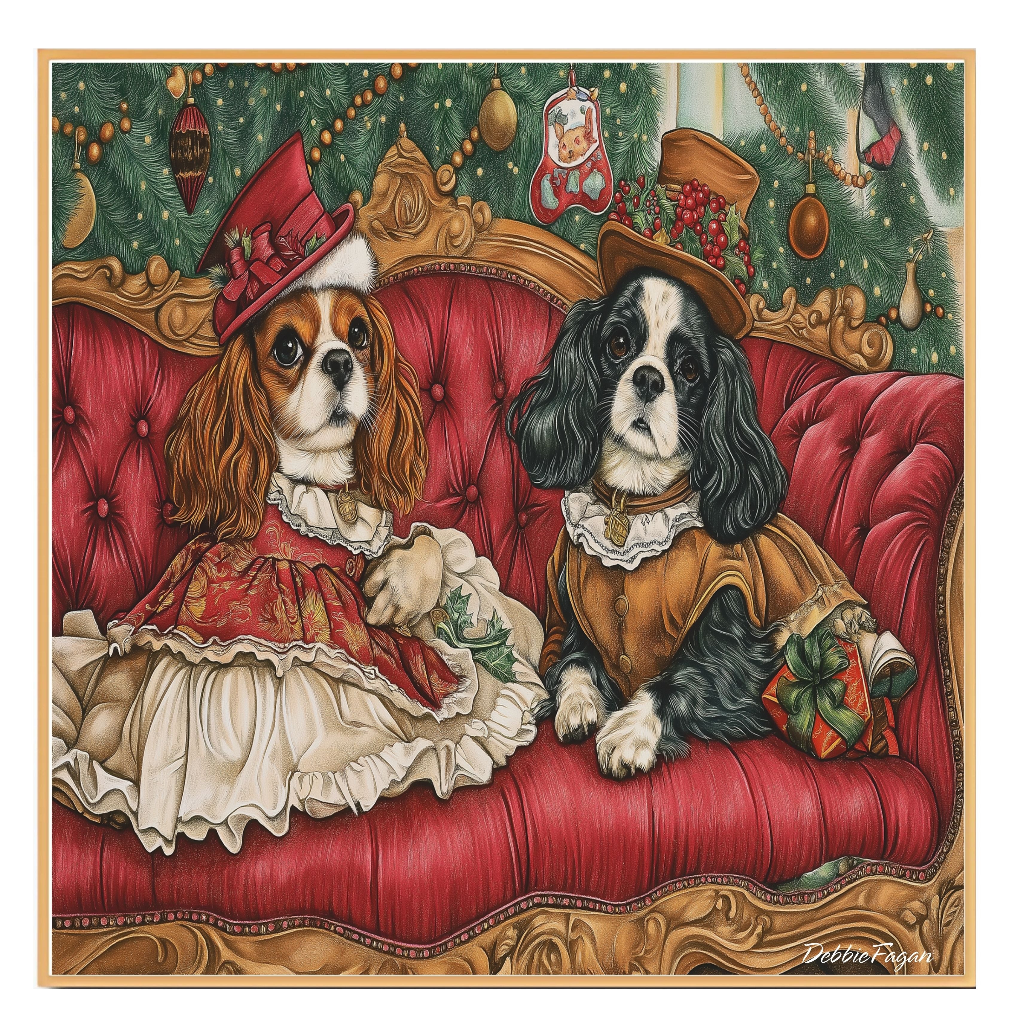 ÒRoyal CompanionsÓ - Cavalier King Charles Spaniels Dressed in Elegant Victorian Attire on Cozy Couch on Ready to Hang 1.5" Thick Canvas Wrap, Floating Framed Canvas, Flat Rolled Canvas