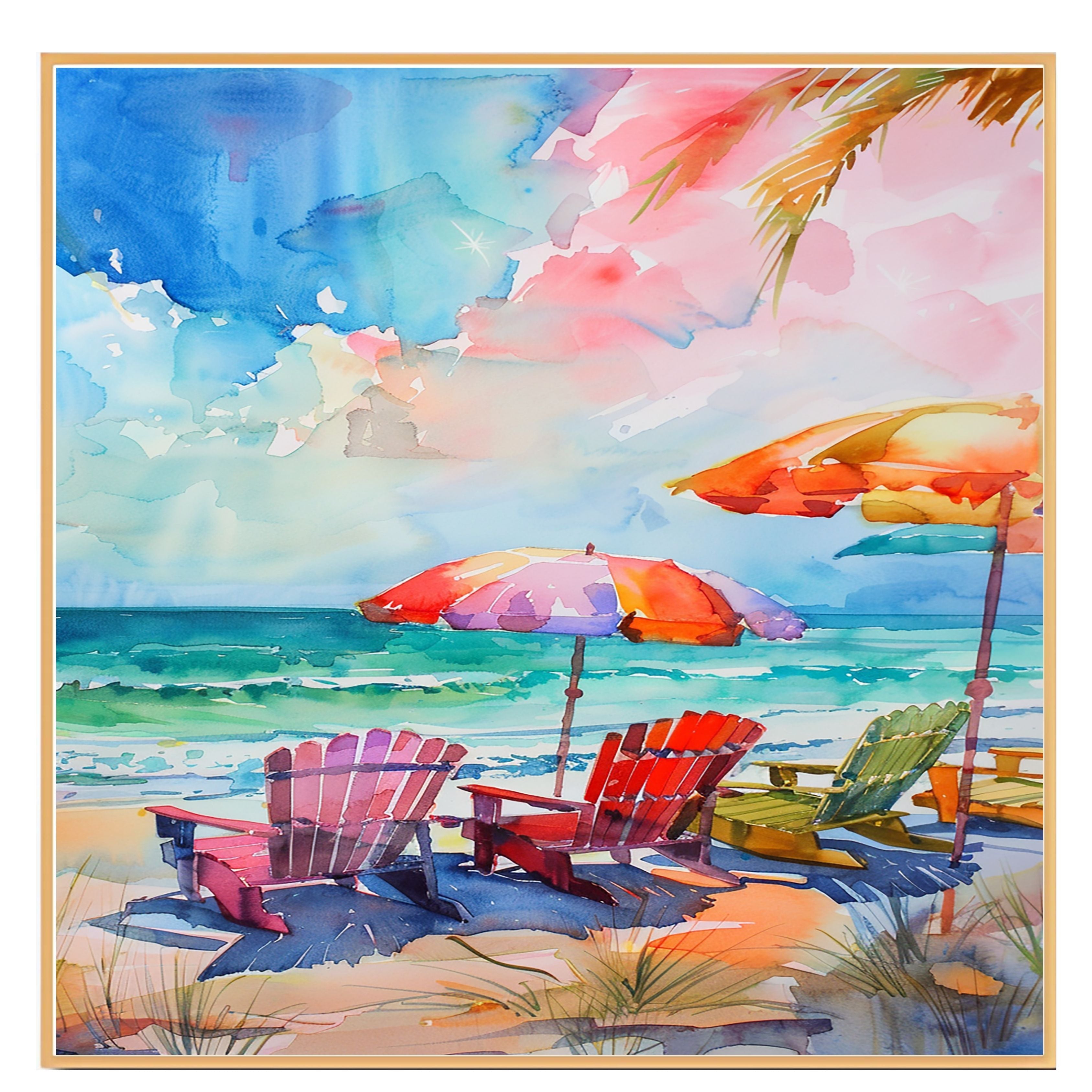 Colorful Watercolor Beach Chairs & Umbrellas – Oceanfront Coastal Art Print on Ready to Hang 1.5" Thick Canvas Wrap, Floating Framed Canvas, Flat Rolled Canvas