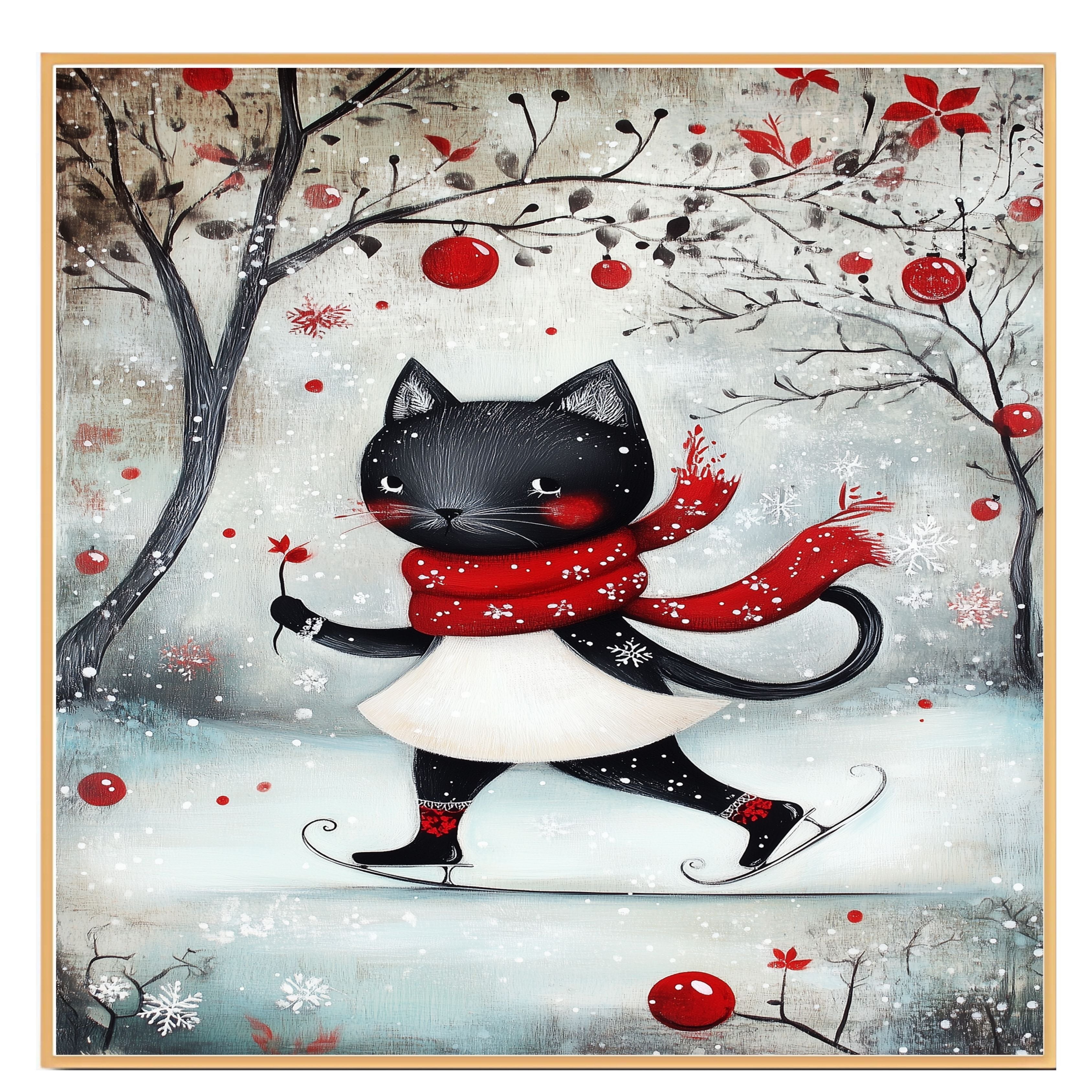 Christmas Wall Art Featuring Whimsical Black Cat Ice Skating with Red Scarf and Snowy Forest Background Cute Holiday Animal Illustration for Winter Home Decor and Gifts on Ready to Hang 1.5" Thick Canvas Wrap, Floating Framed Canvas, Flat Rolled Canvas