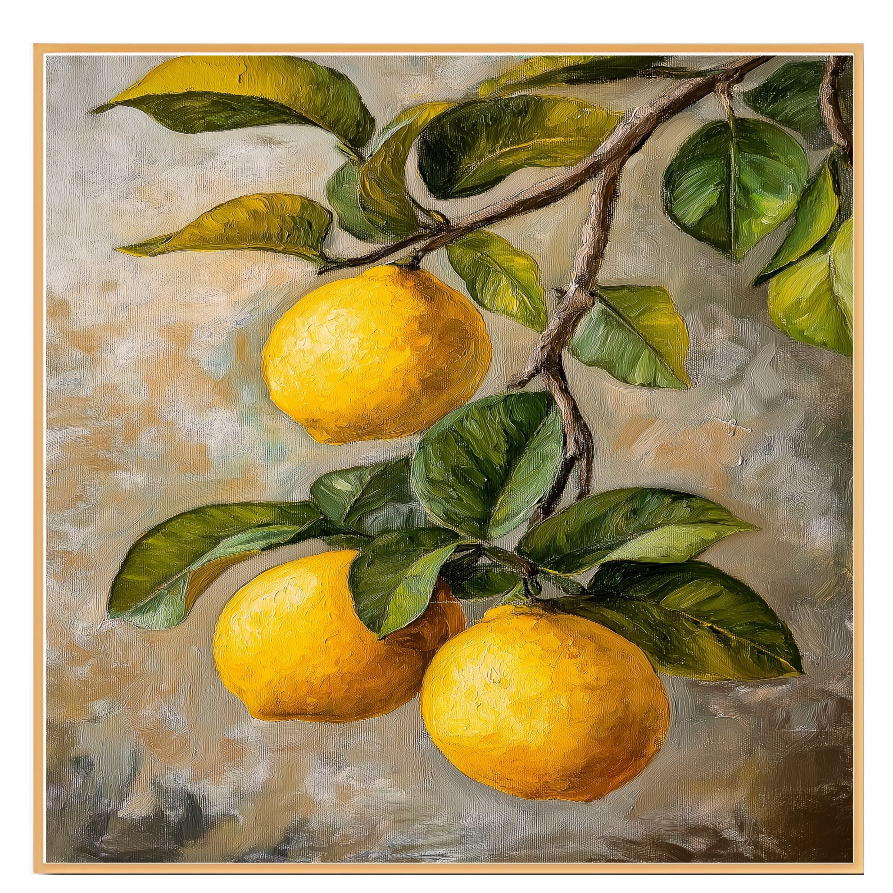 Close-Up Lemons on Branch with Leaves Vintage Botanical Style Illustration for Kitchen or Dining Room Rustic Farmhouse Citrus Fruit Art Print