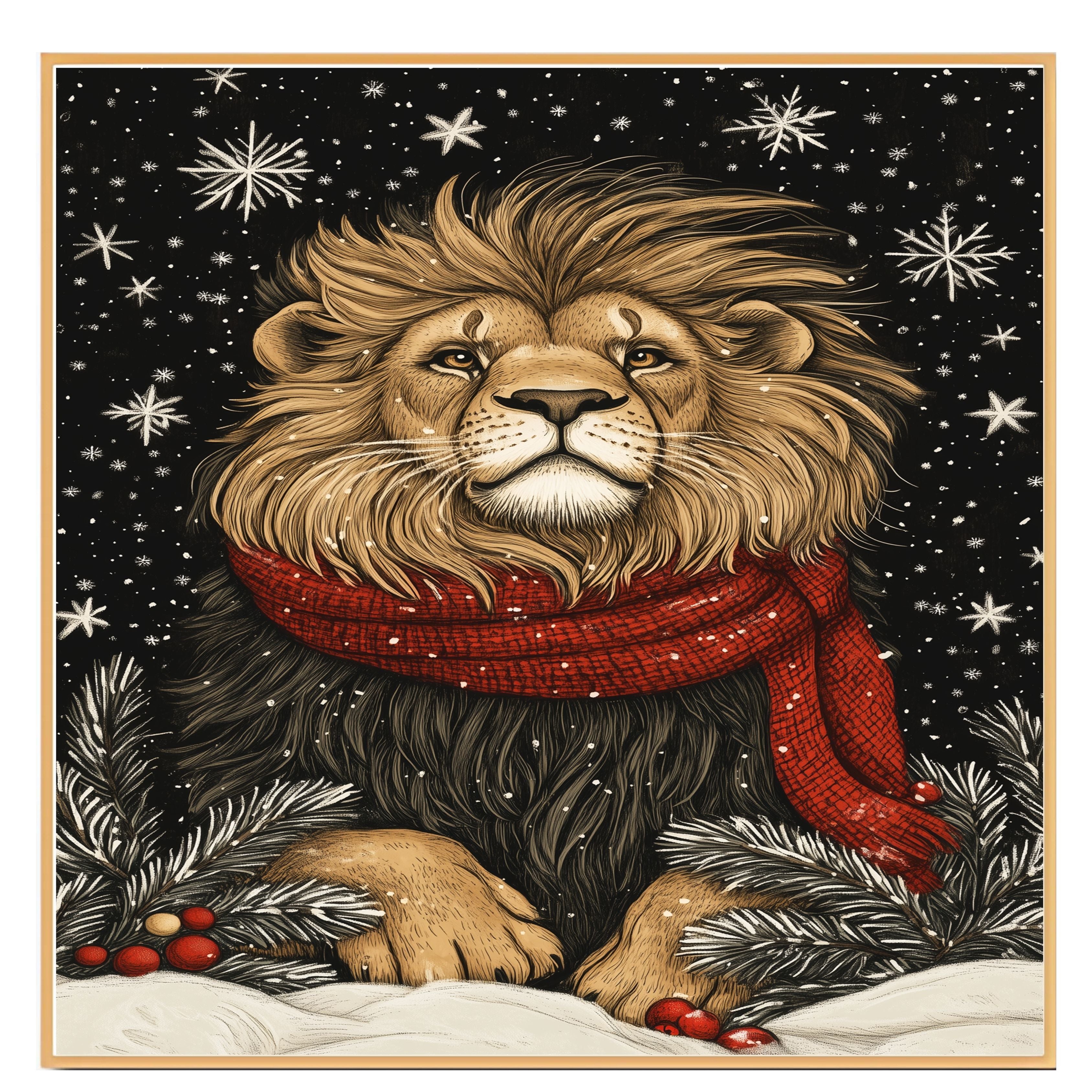 "Snow King Lion" - Lion in Red Scarf Posing in Winter Snow on Ready to Hang 1.5" Thick Canvas Wrap, Floating Framed Canvas, Flat Rolled Canvas