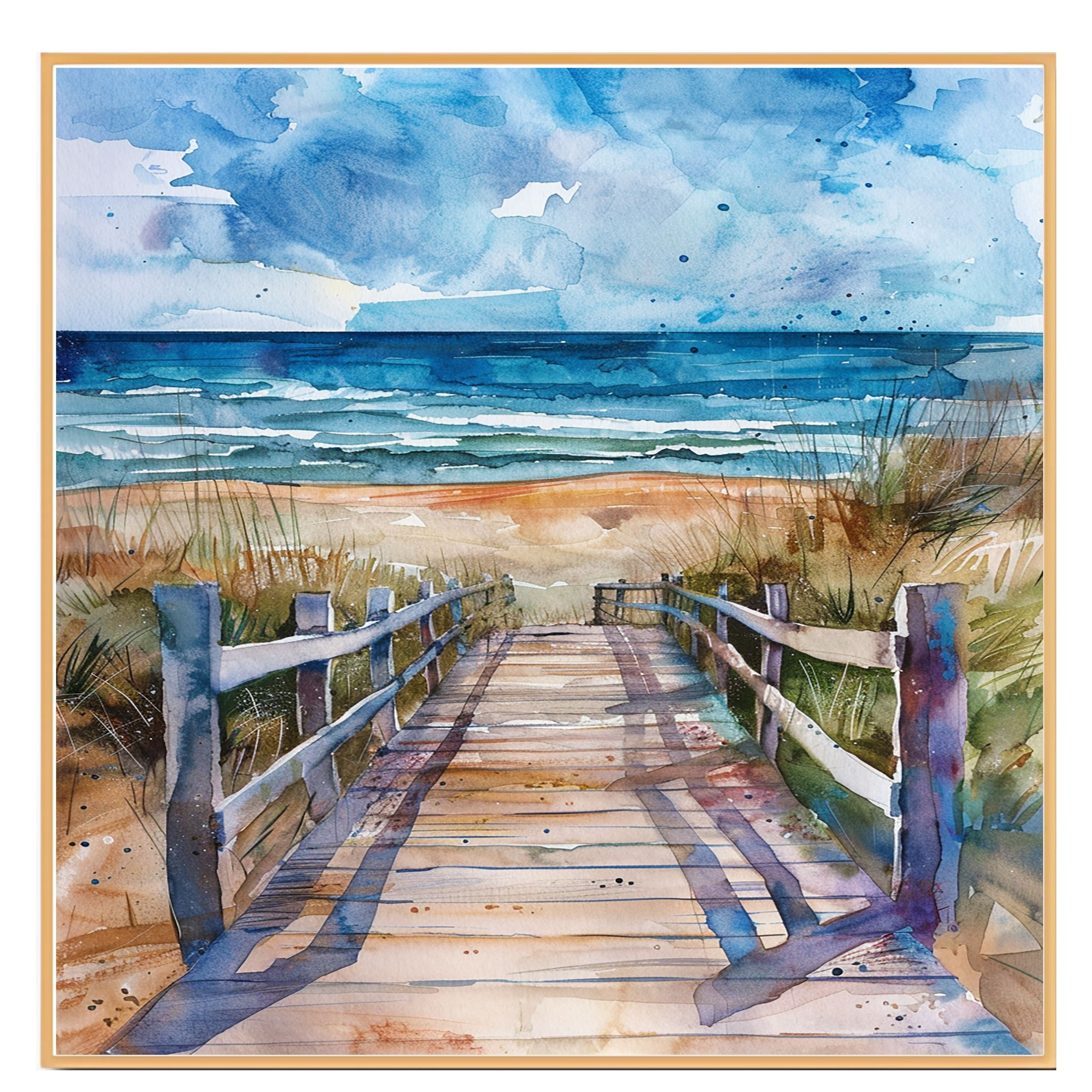 Dramatic Coastal Boardwalk Watercolor Painting – Path to the Ocean with Windswept Dunes and Stormy Sky on Ready to Hang 1.5" Thick Canvas Wrap, Floating Framed Canvas, Flat Rolled Canvas