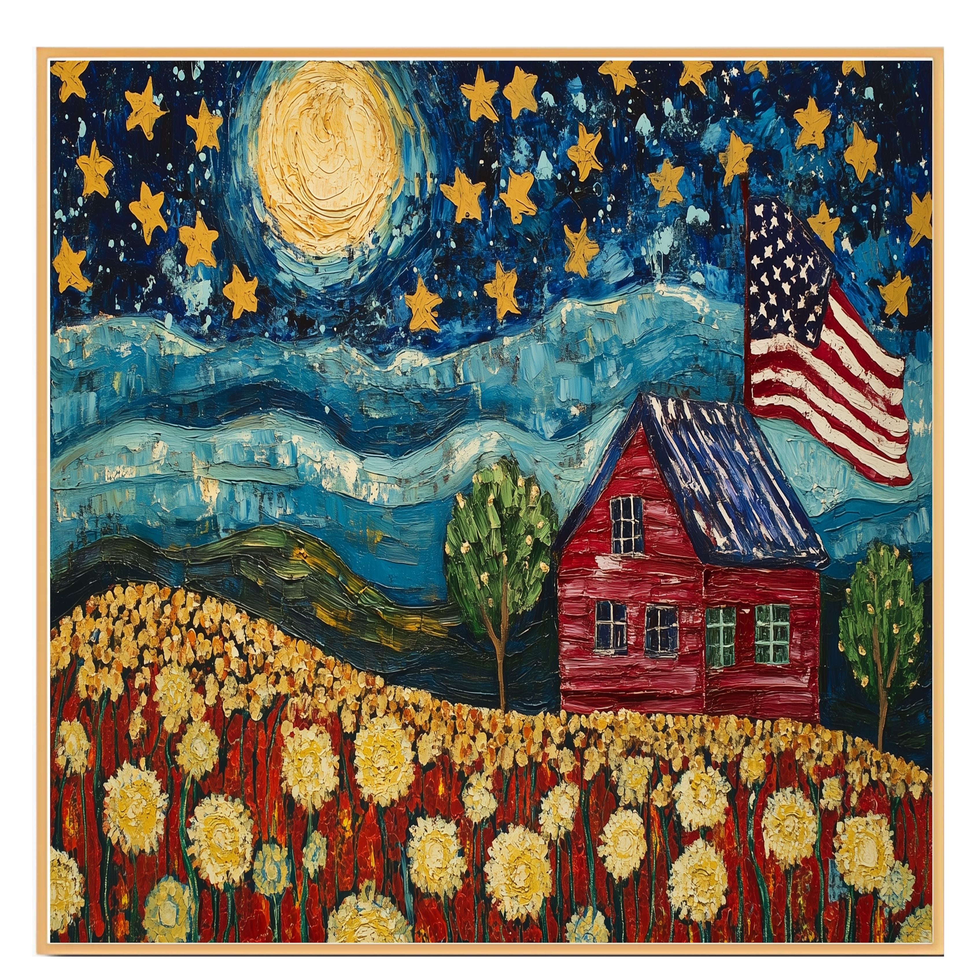 Patriotic Farmhouse Under Starry Sky with American Flag and Flower Field, Folk Art Style 4th of July Scene in Bold Colors and Textured Brushstrokes on Ready to Hang 1.5" Thick Canvas Wrap, Floating Framed Canvas, Flat Rolled Canvas