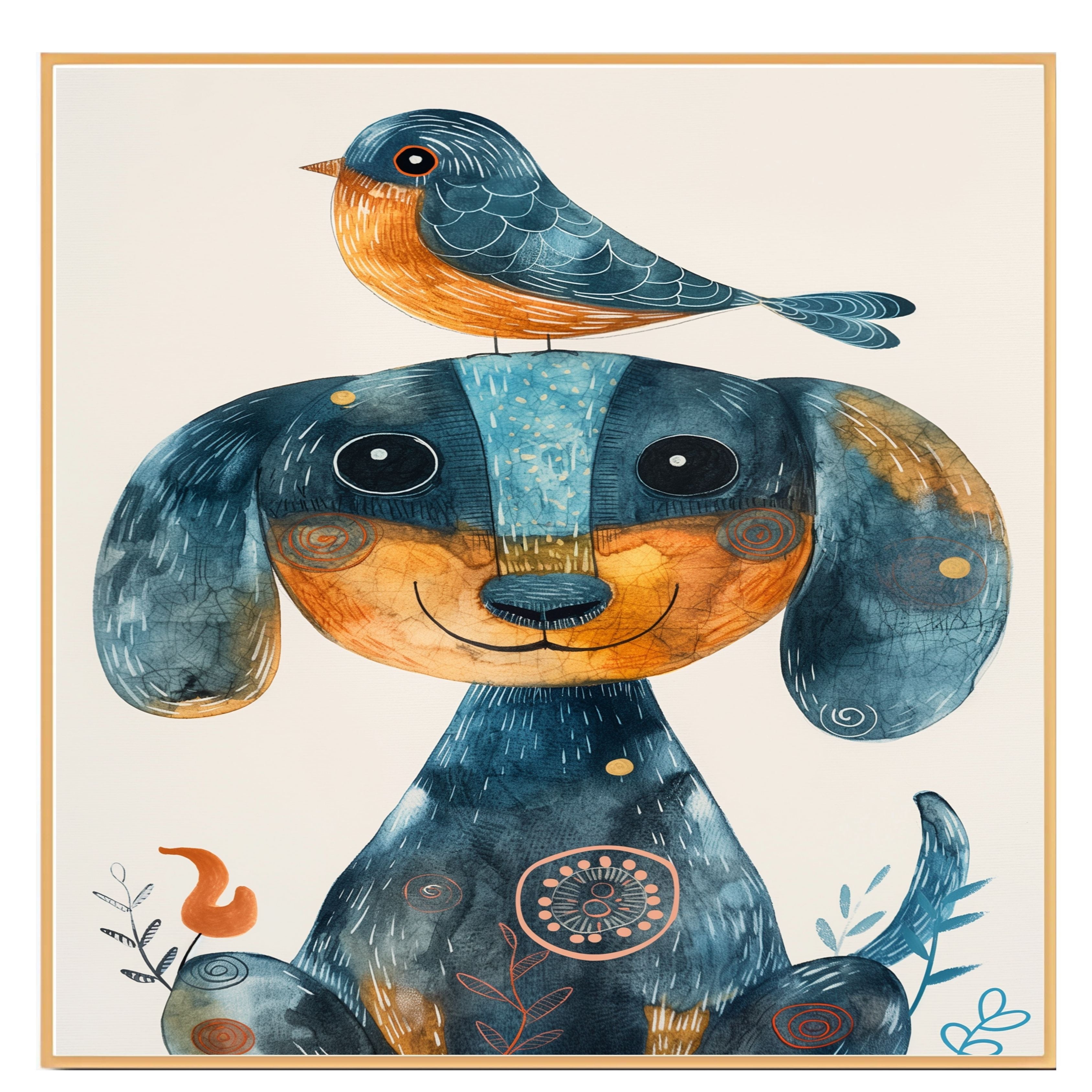 Whimsical Dachshund Dog with Blue Bird on Head Colorful Folk Style Animal Illustration for Kids Room or Nursery Perfect for Dog and Bird Art Lovers