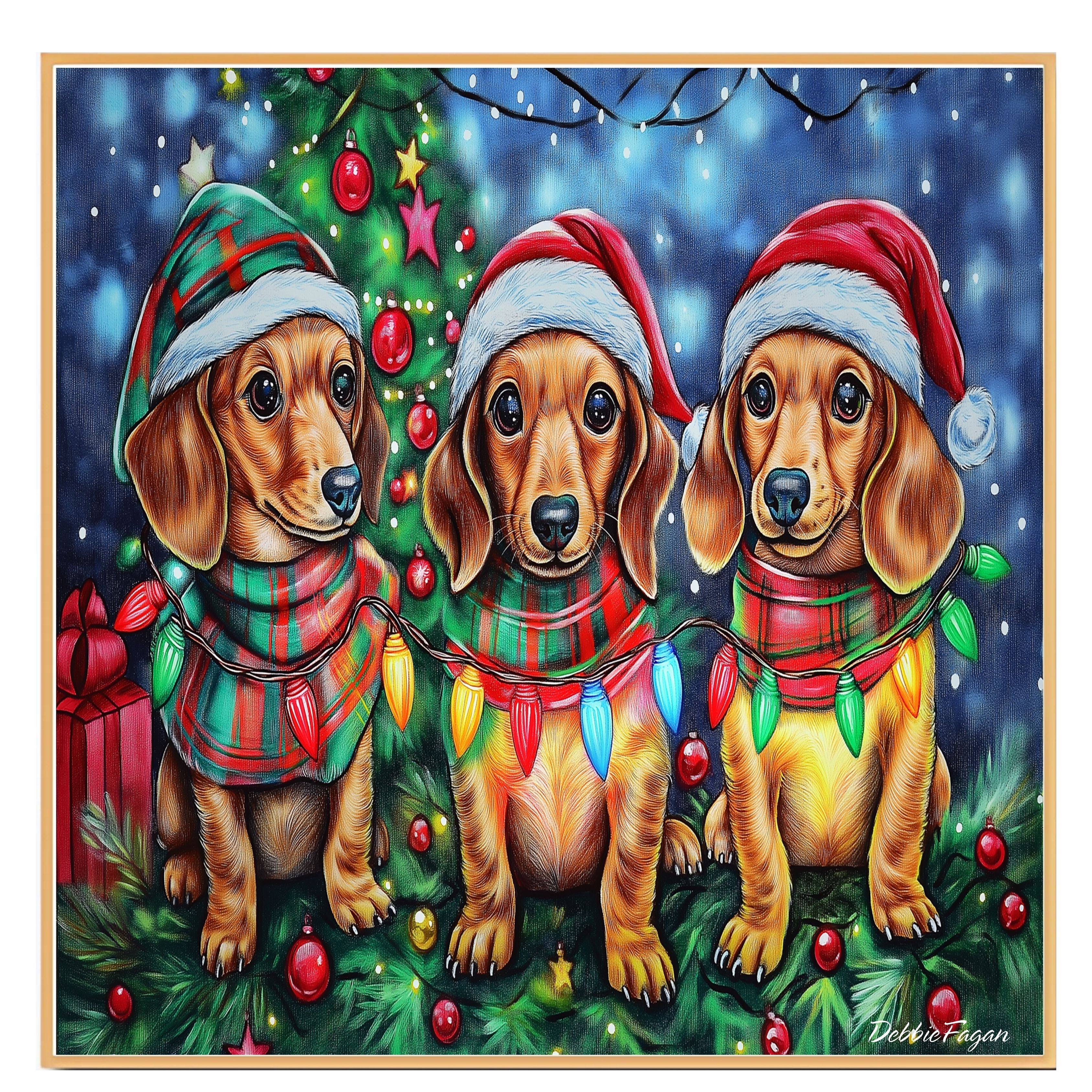 Doxie Christmas Canvas - "Wiener Wonder" - Festive Pups in Cozy Winter Wear Dressed with Twinkling Christmas Lights on Ready to Hang 1.5" Thick Canvas Wrap, Floating Framed Canvas, Flat Rolled Canvas