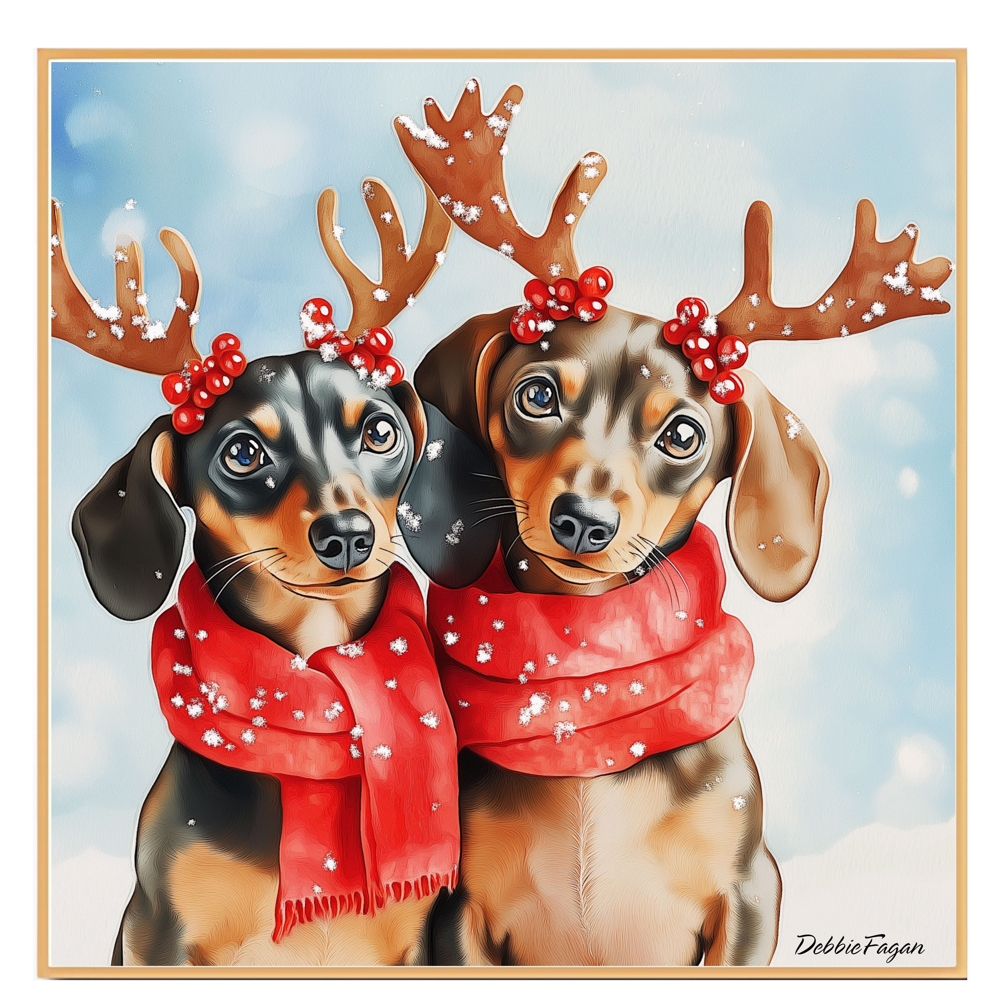 Wiener Christmas Canvas  - "Winter Pawsitivity" - Cute Dachshund with Antlers in a Snowy Scene on Ready to Hang 1.5" Thick Canvas Wrap, Floating Framed Canvas, Flat Rolled Canvas