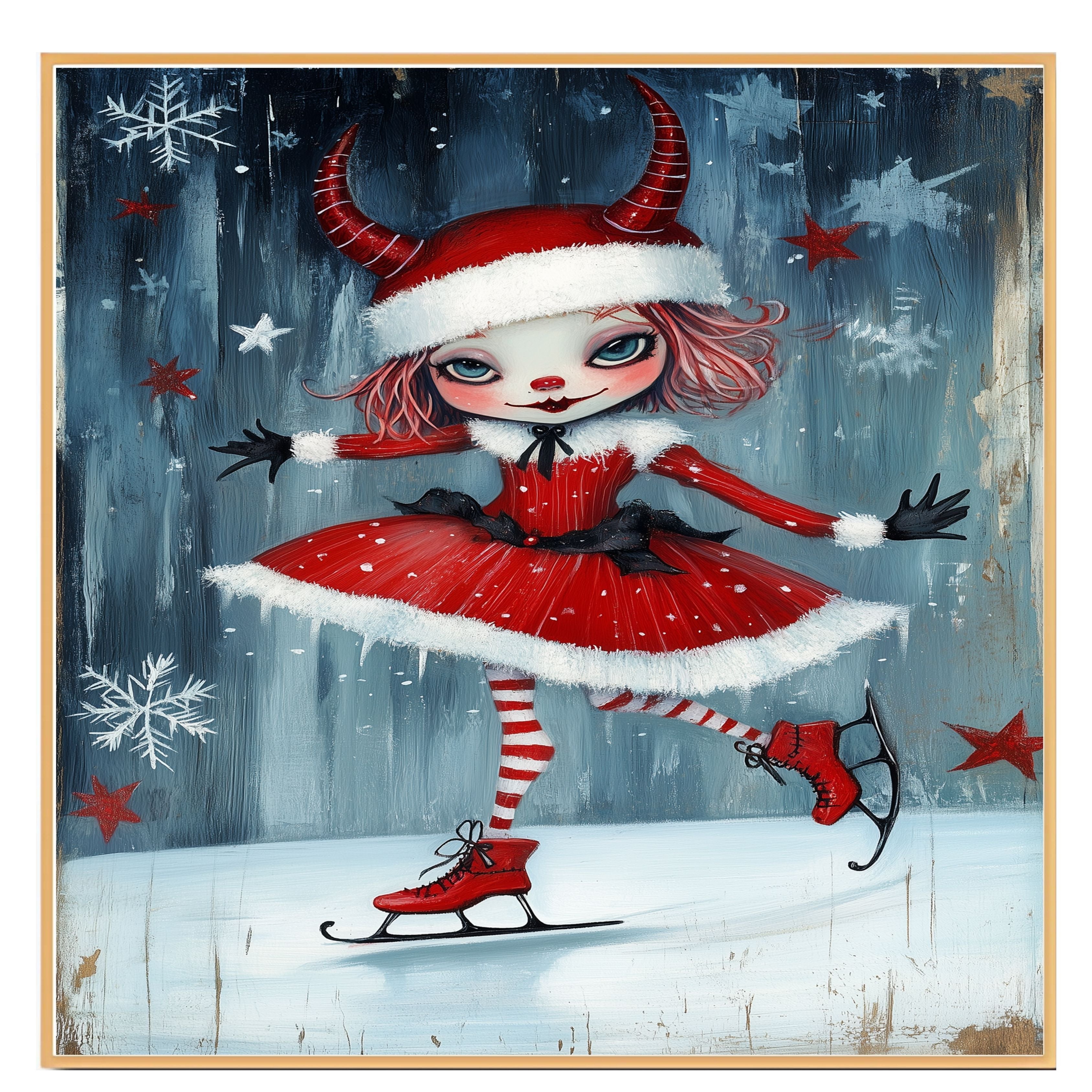 Whimsical Christmas Devil Girl Ice Skating in Red Santa Dress with Horns and Candy Cane Stripes Winter Fantasy Art Print or Canvas for Holiday Wall Decor on Ready to Hang 1.5" Thick Canvas Wrap, Floating Framed Canvas, Flat Rolled Canvas
