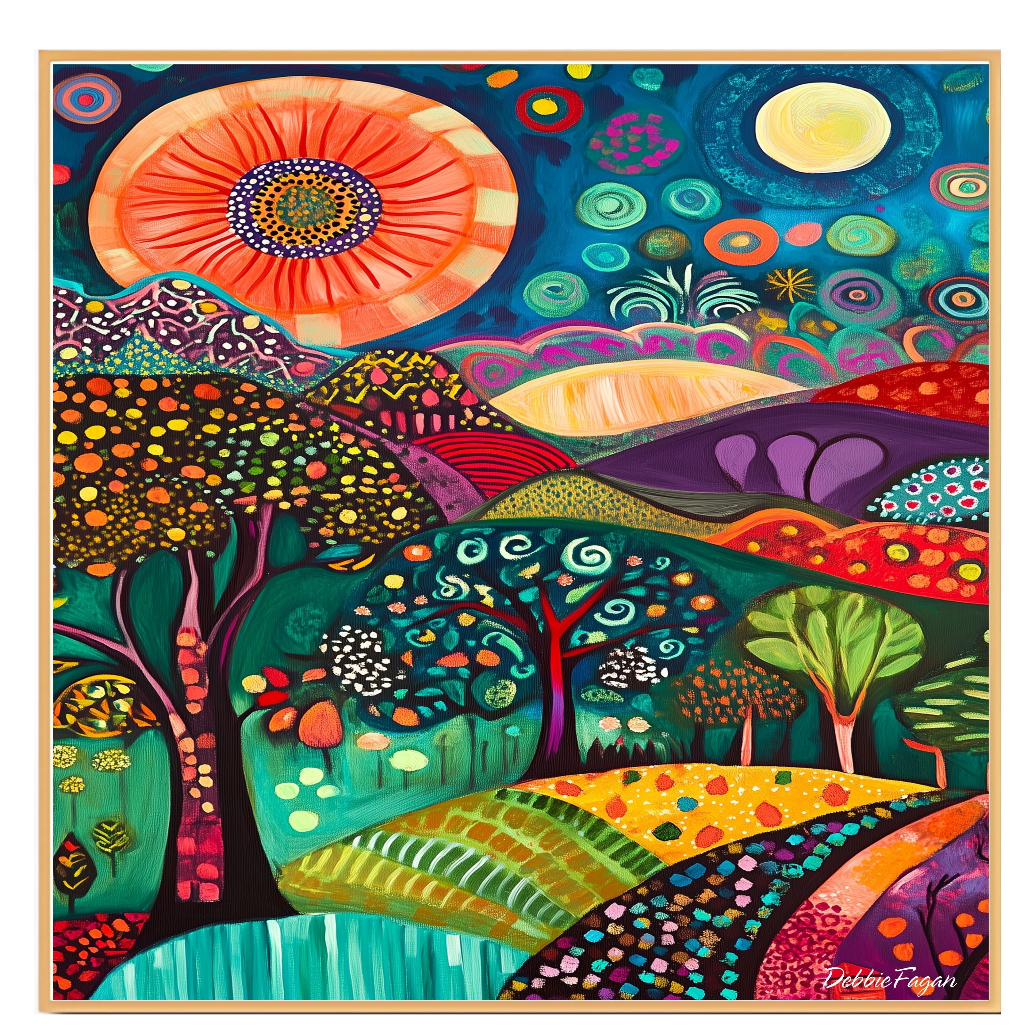 Vibrant Folk Art Landscape Canvas – Colorful Trees, Hills, and Sunbursts in Whimsical Abstract Style on Ready to Hang 1.5" Thick Canvas Wrap, Floating Framed Canvas, Flat Rolled Canvas