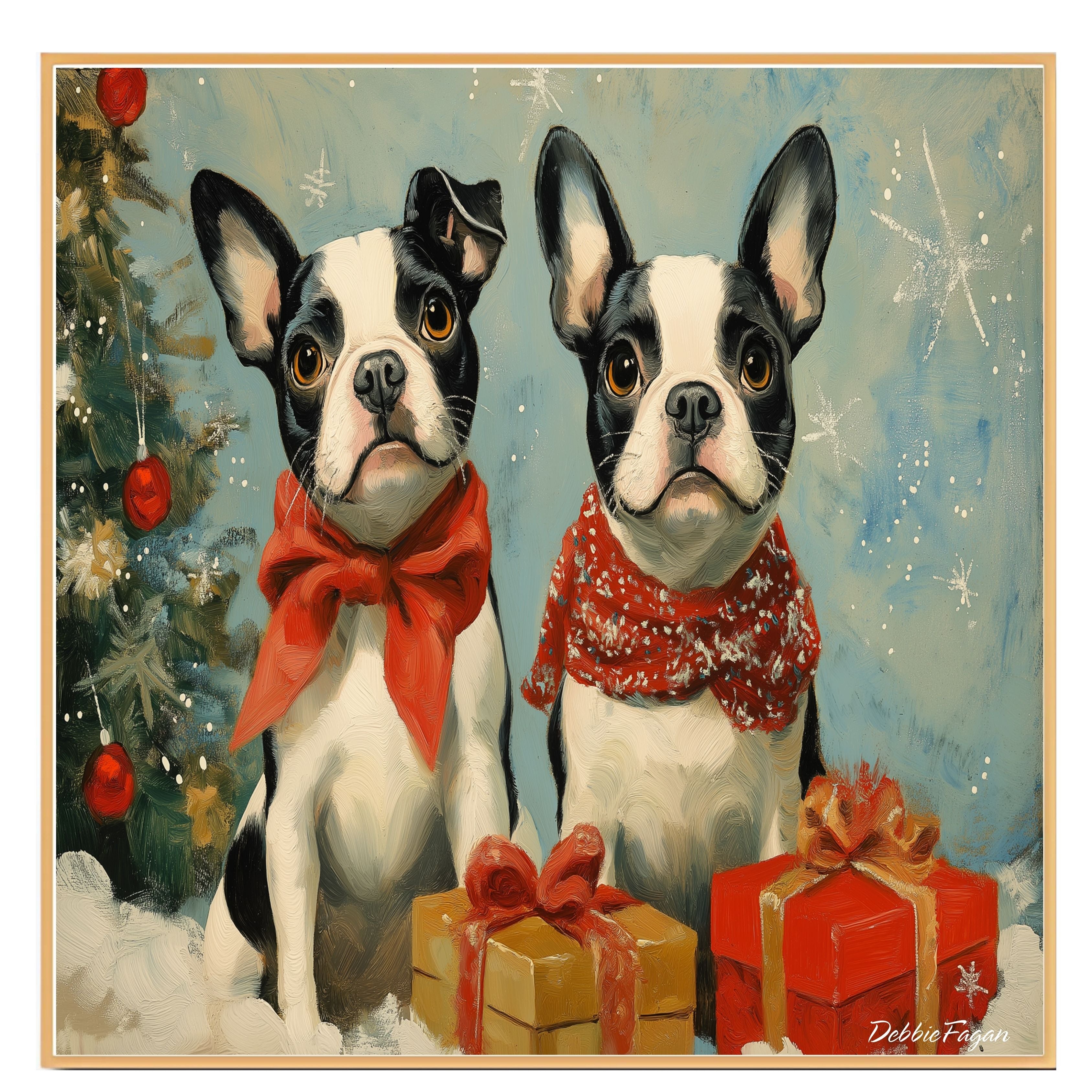 "Winter Whimsy" - French Bulldogs in Cozy Scarves Amidst a Snowy Wonderland with Christmas Tree and Gifts on Ready to Hang 1.5" Thick Canvas Wrap, Floating Framed Canvas, Flat Rolled Canvas