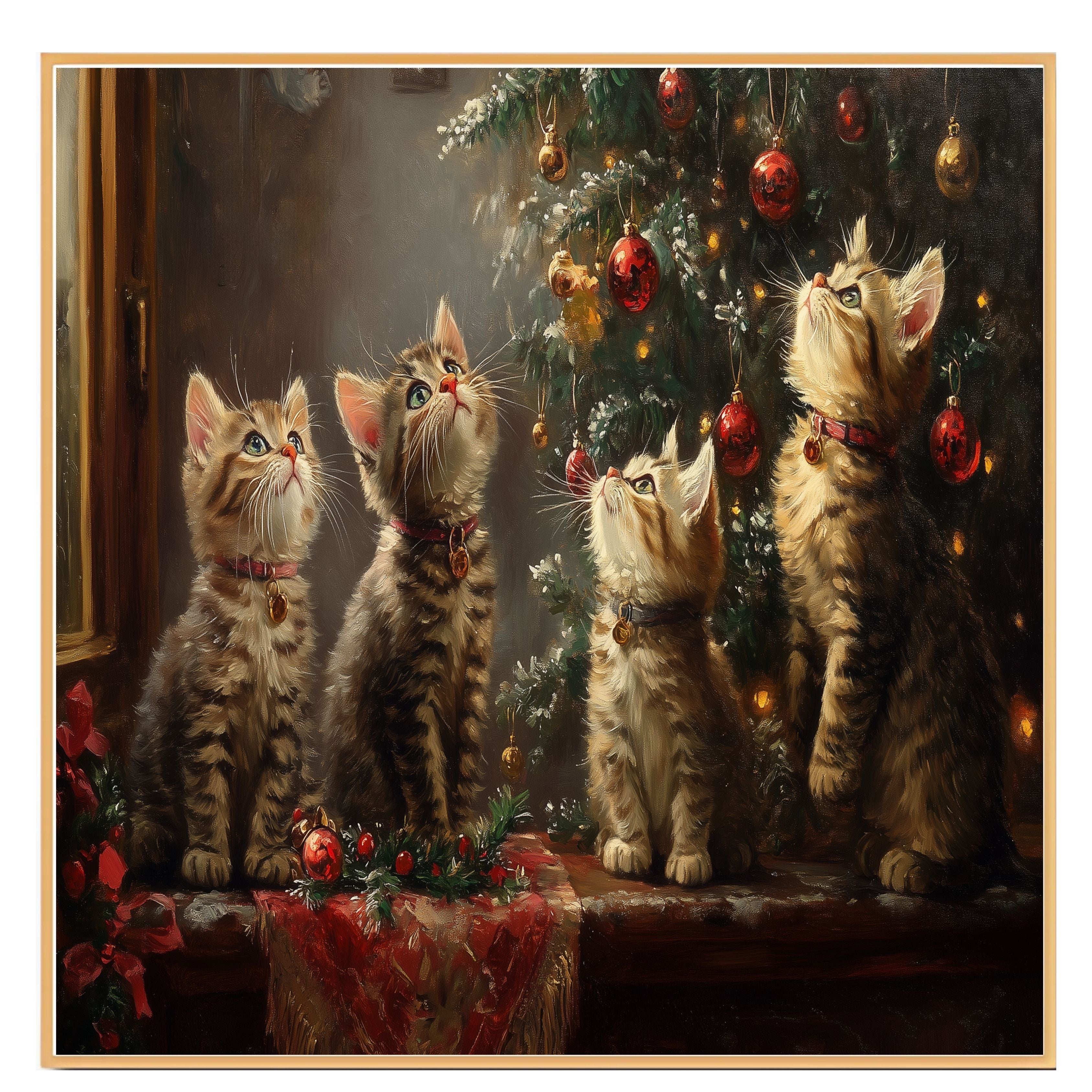 "Christmas Magic: Four Adorable Kittens Under the Tree" Ð Retro Holiday Painting on Ready to Hang 1.5" Thick Canvas Wrap, Floating Framed Canvas, Flat Rolled Canvas