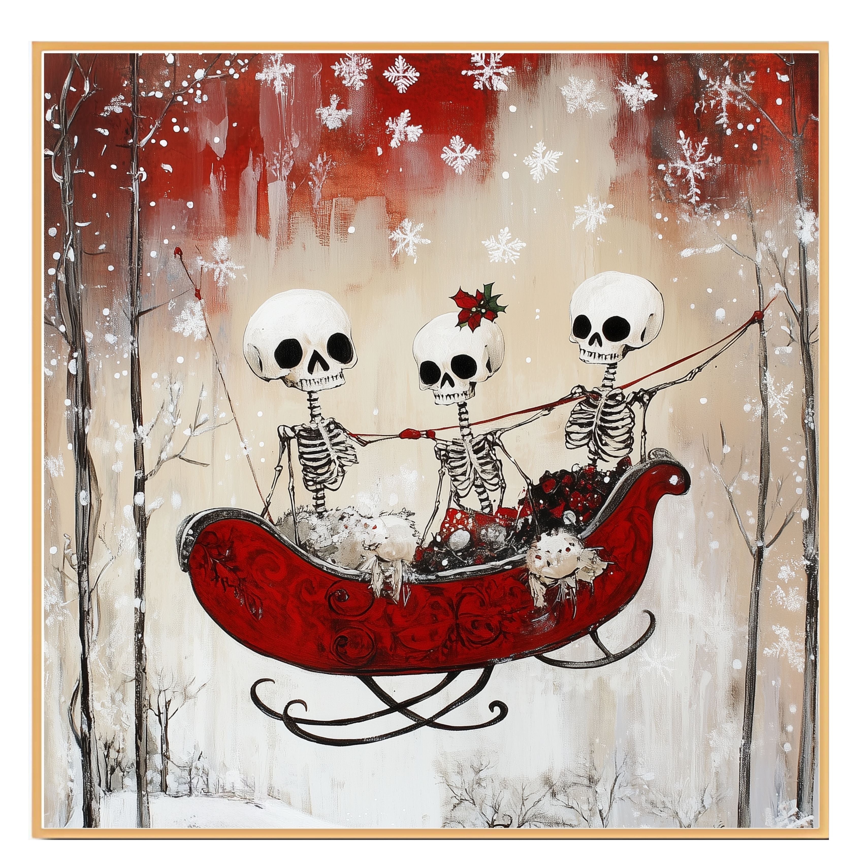 Whimsical Skeleton Sleigh Ride Christmas Art Print – Gothic Winter Wonderland Wall Decor with Skeleton Friends, Red Sleigh, Snowy Trees & Holiday Florals on Ready to Hang 1.5" Thick Canvas Wrap, Floating Framed Canvas, Flat Rolled Canvas