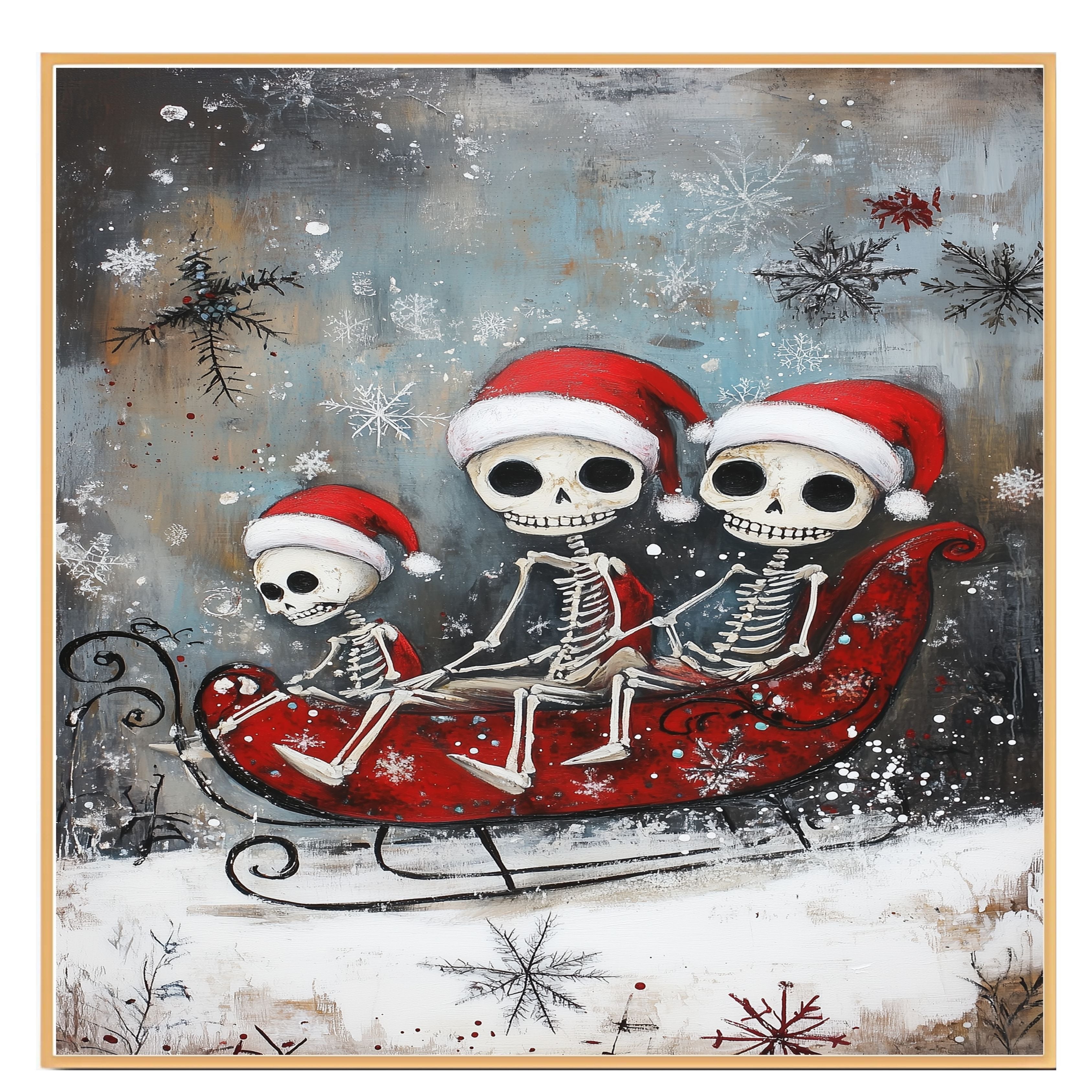 Whimsical Skeleton Family Sleigh Ride Christmas Print – Spooky Cute Holiday Decor with Santa Hats, Red Sleigh & Snowflakes, Gothic Winter Wall Art on Ready to Hang 1.5" Thick Canvas Wrap, Floating Framed Canvas, Flat Rolled Canvas